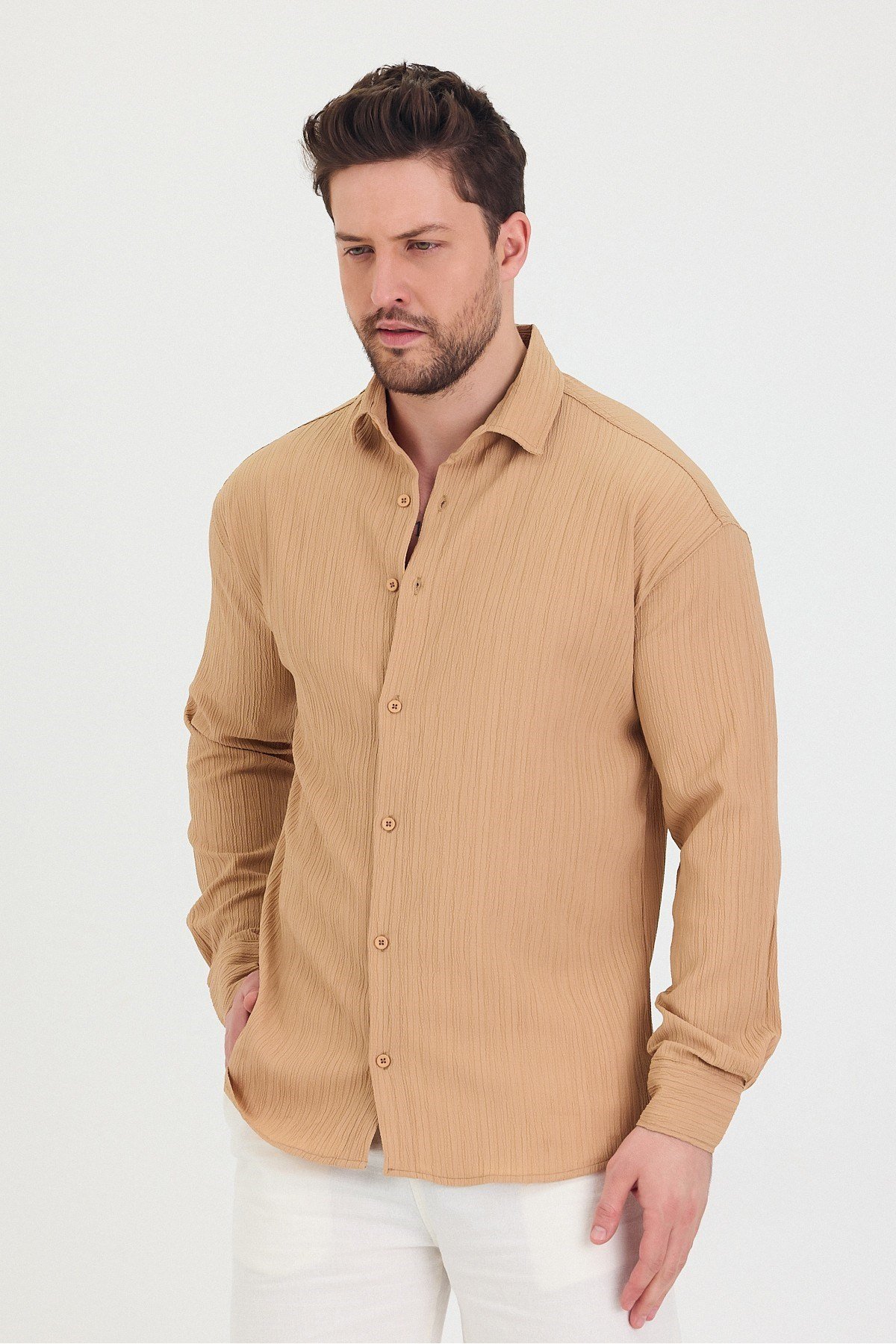 Tarz CoolGömlekTrzçizgi01-M7-R62Erkek Kendinden Çizgi Detaylı Slim Fit Dar Kalıp Uzun Kol Gömlek