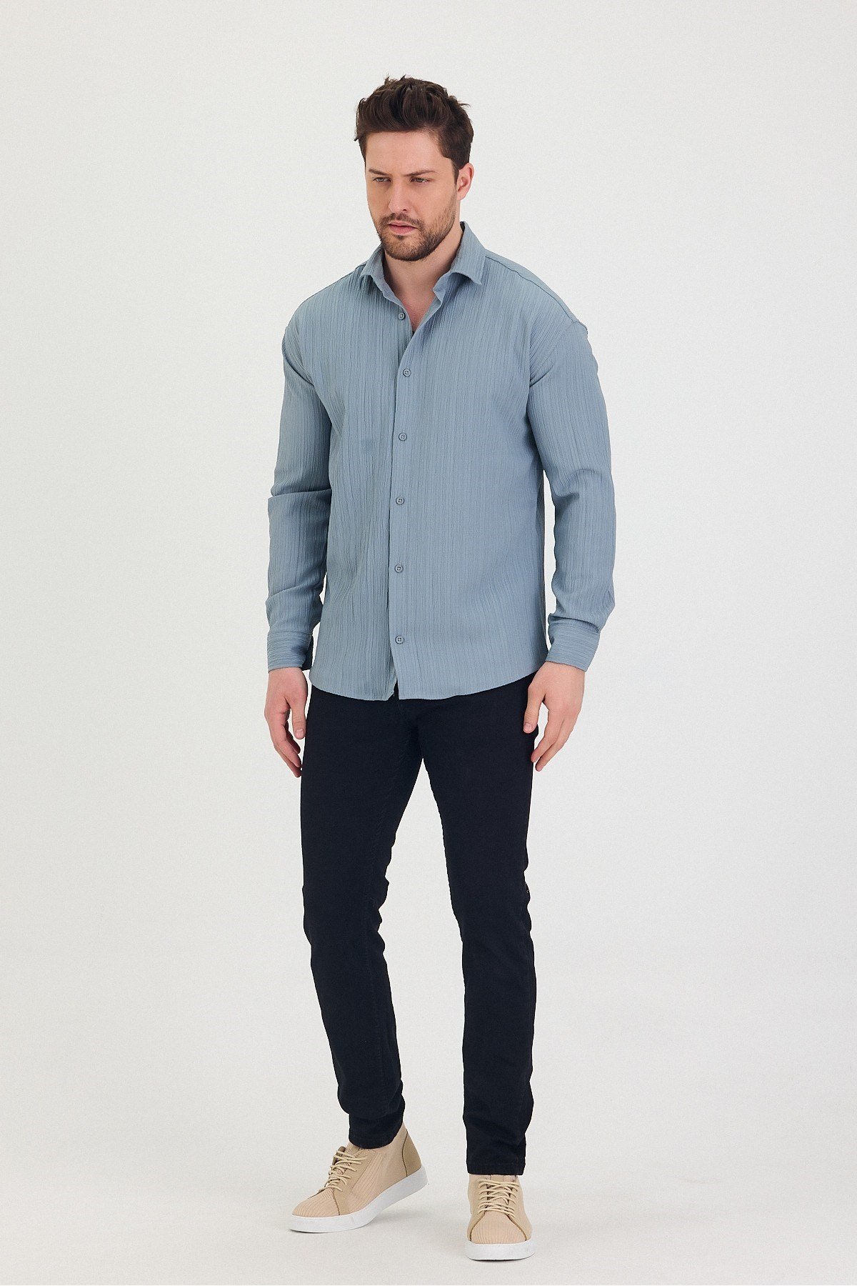 Tarz CoolGömlekTrzçizgi01-M7-R62Erkek Kendinden Çizgi Detaylı Slim Fit Dar Kalıp Uzun Kol Gömlek