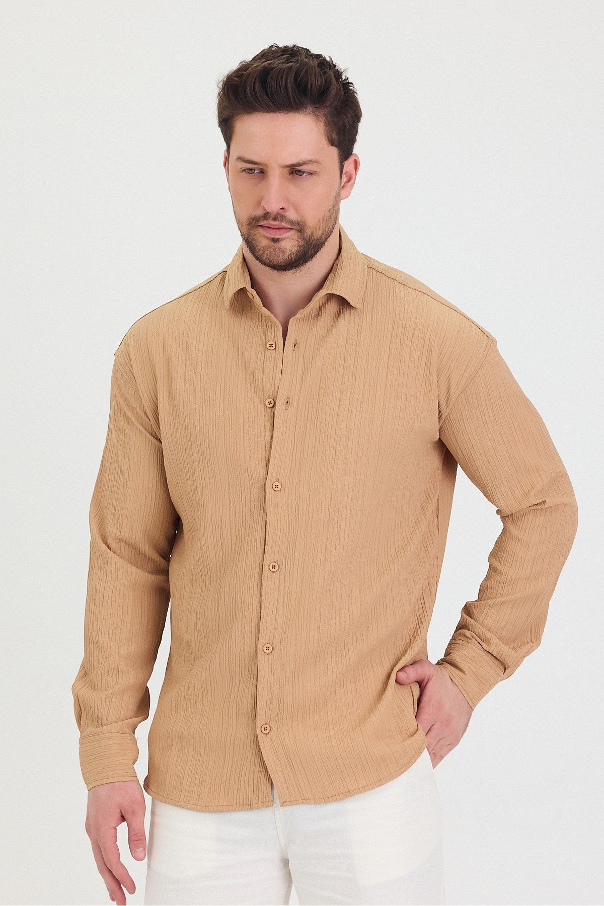 Tarz CoolGömlekTrzçizgi01-M7-R62Erkek Kendinden Çizgi Detaylı Slim Fit Dar Kalıp Uzun Kol Gömlek
