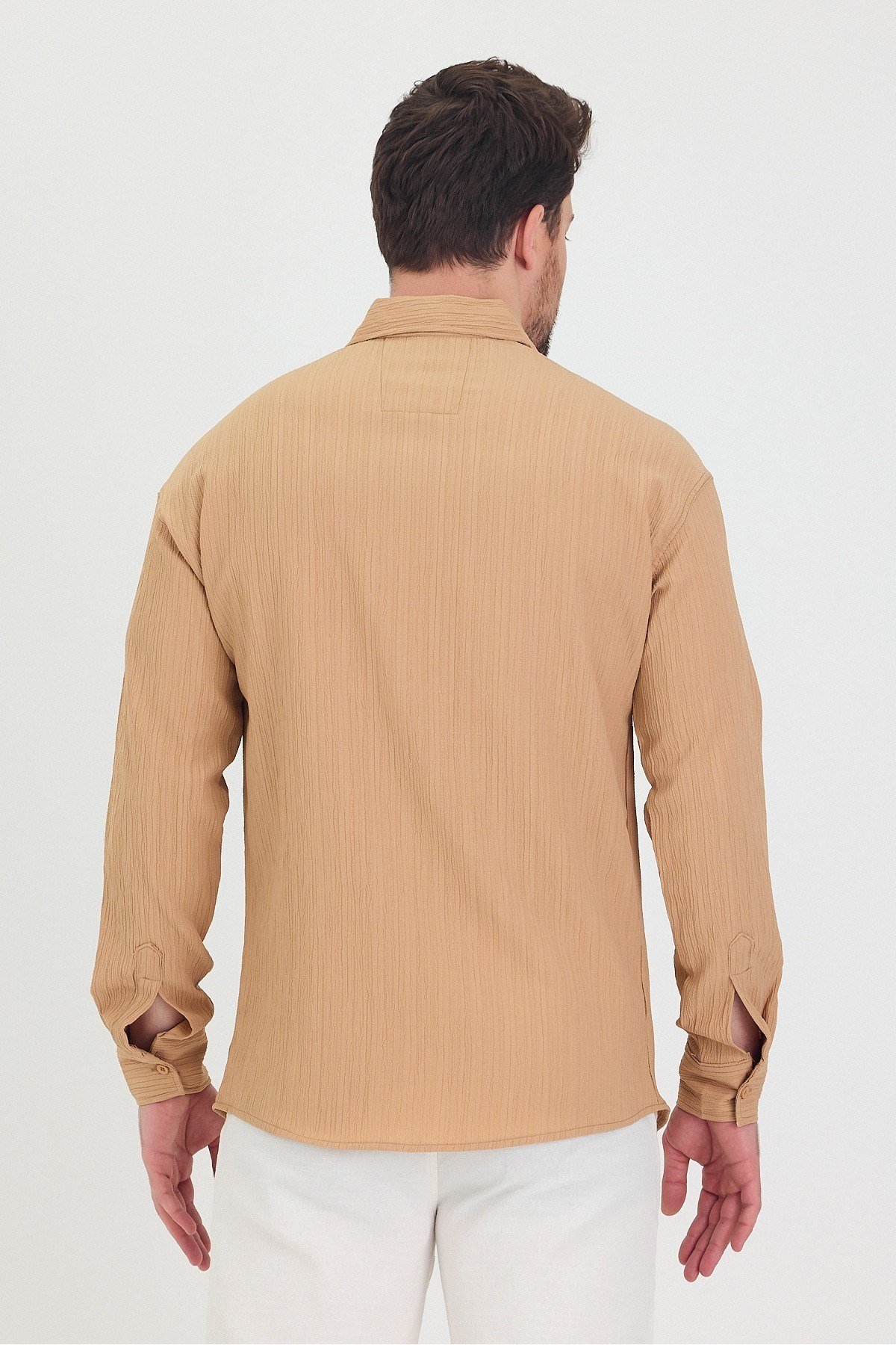 Tarz CoolGömlekTrzçizgi01-M7-R62Erkek Kendinden Çizgi Detaylı Slim Fit Dar Kalıp Uzun Kol Gömlek