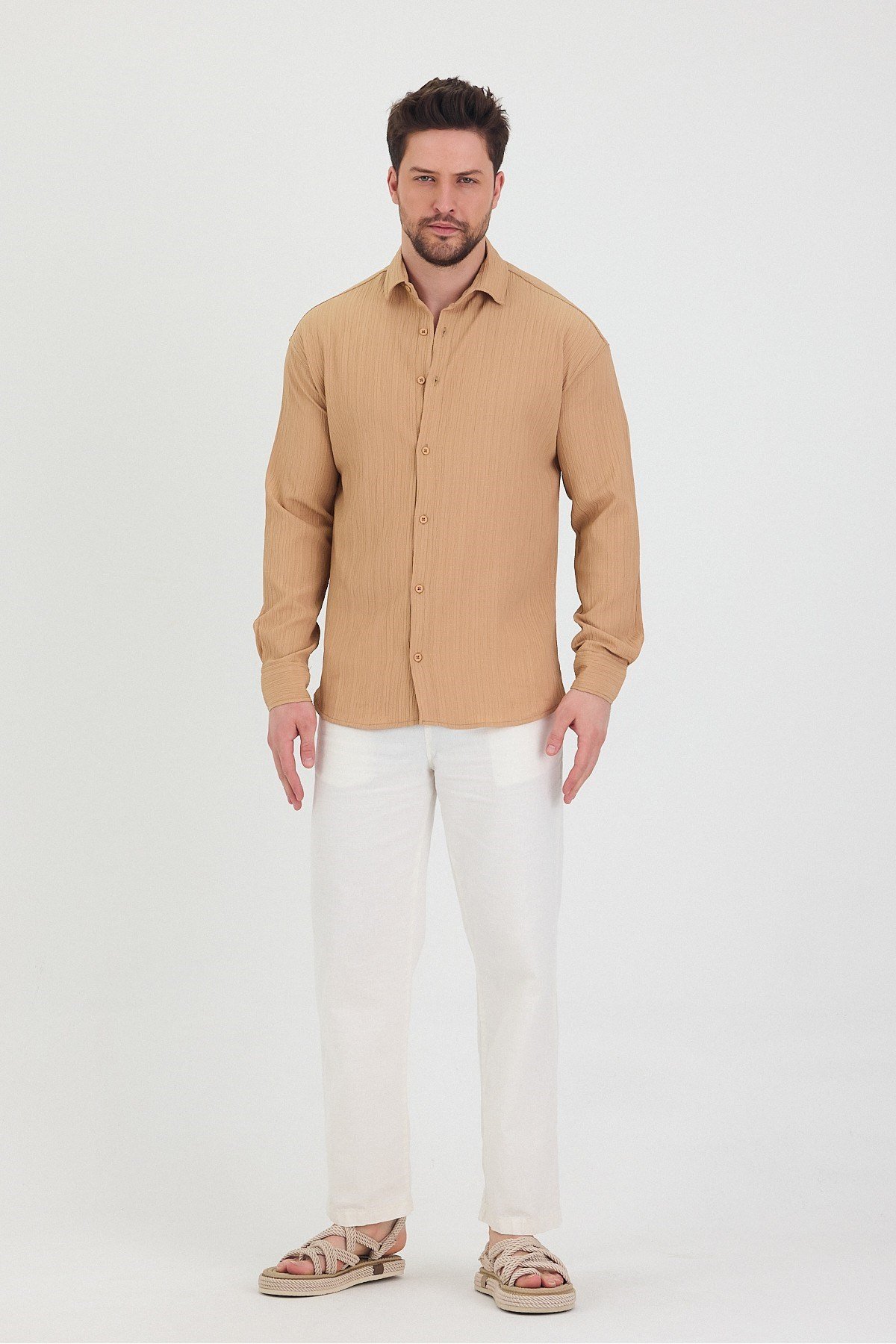 Tarz CoolGömlekTrzçizgi01-M7-R62Erkek Kendinden Çizgi Detaylı Slim Fit Dar Kalıp Uzun Kol Gömlek