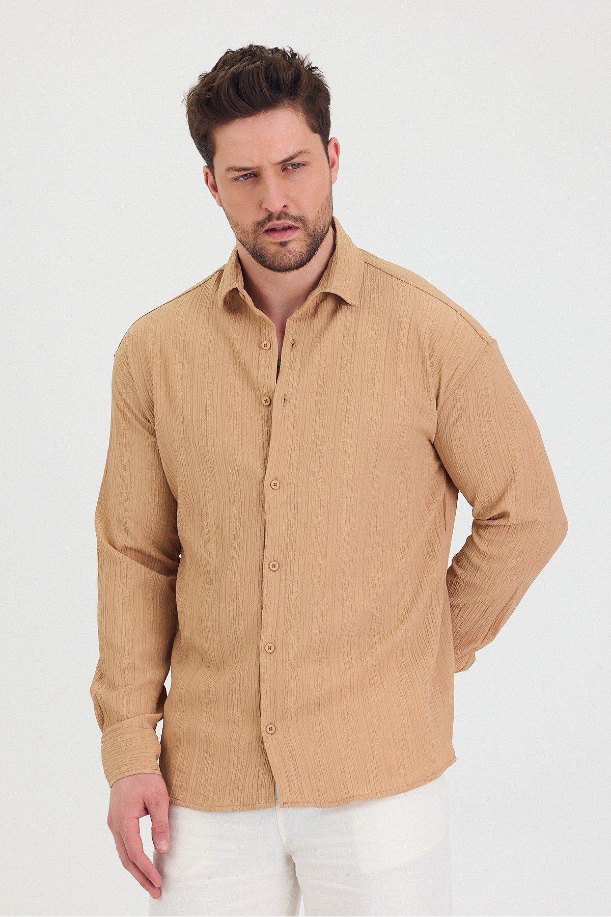 Tarz CoolGömlekTrzçizgi01-M7-R62Erkek Kendinden Çizgi Detaylı Slim Fit Dar Kalıp Uzun Kol Gömlek