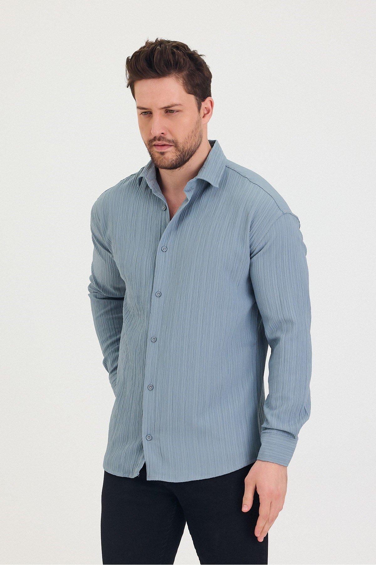 Tarz CoolGömlekTrzçizgi01-M7-R62Erkek Kendinden Çizgi Detaylı Slim Fit Dar Kalıp Uzun Kol Gömlek