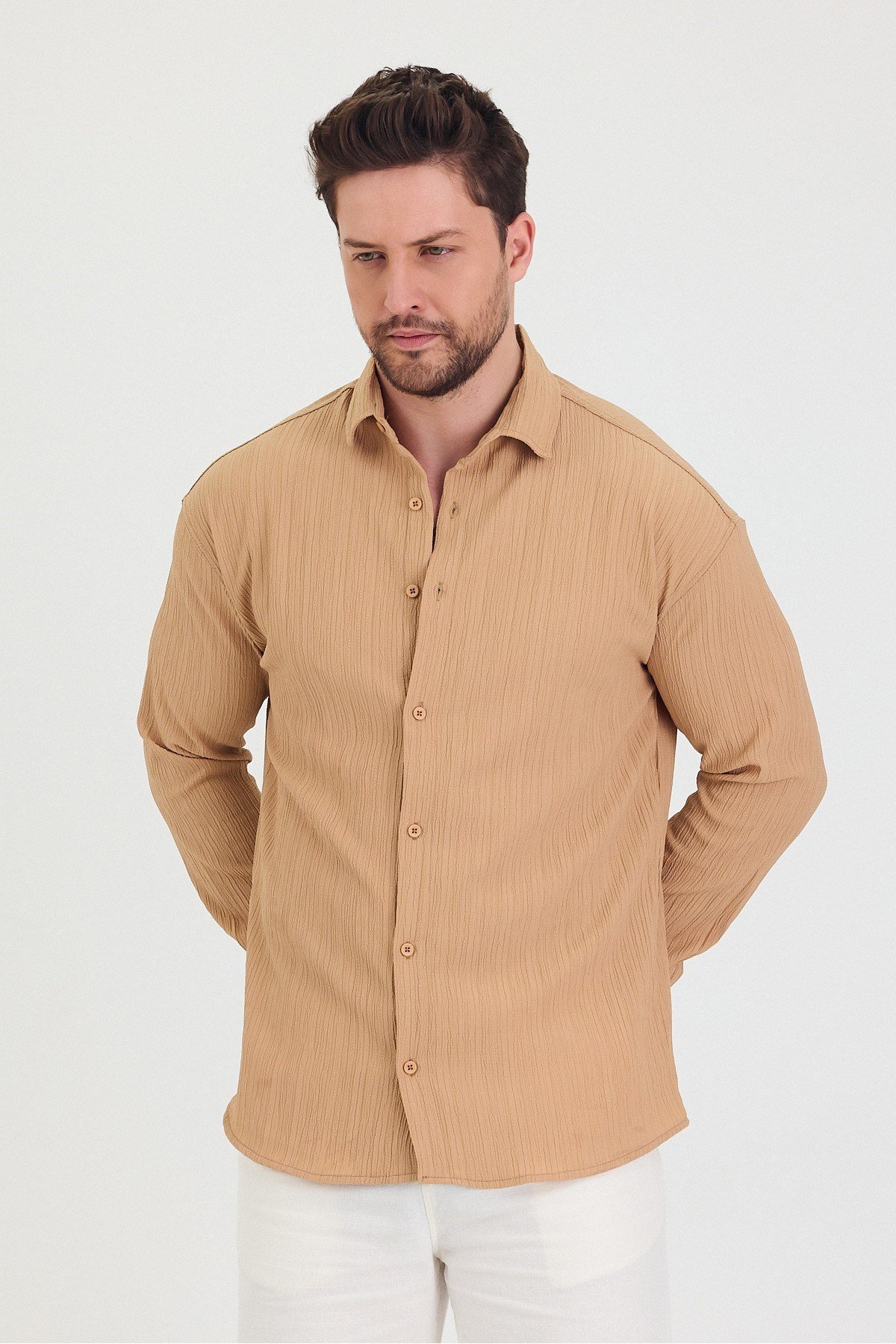 Tarz CoolGömlekTrzçizgi01-M7-R62Erkek Kendinden Çizgi Detaylı Slim Fit Dar Kalıp Uzun Kol Gömlek