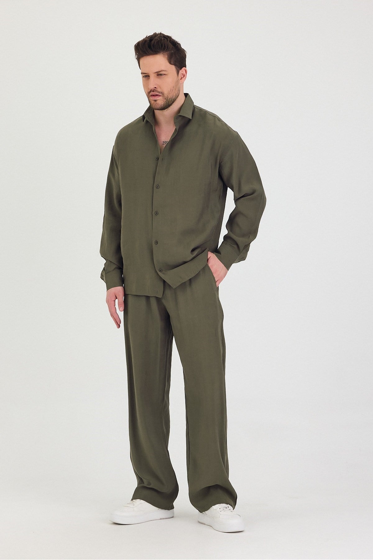 Tarz CoolGömlekTRZtakım1-M3-R212Erkek Oversize Rahat Kalıp Gömlek-Pantolon Alt-Üst Takım