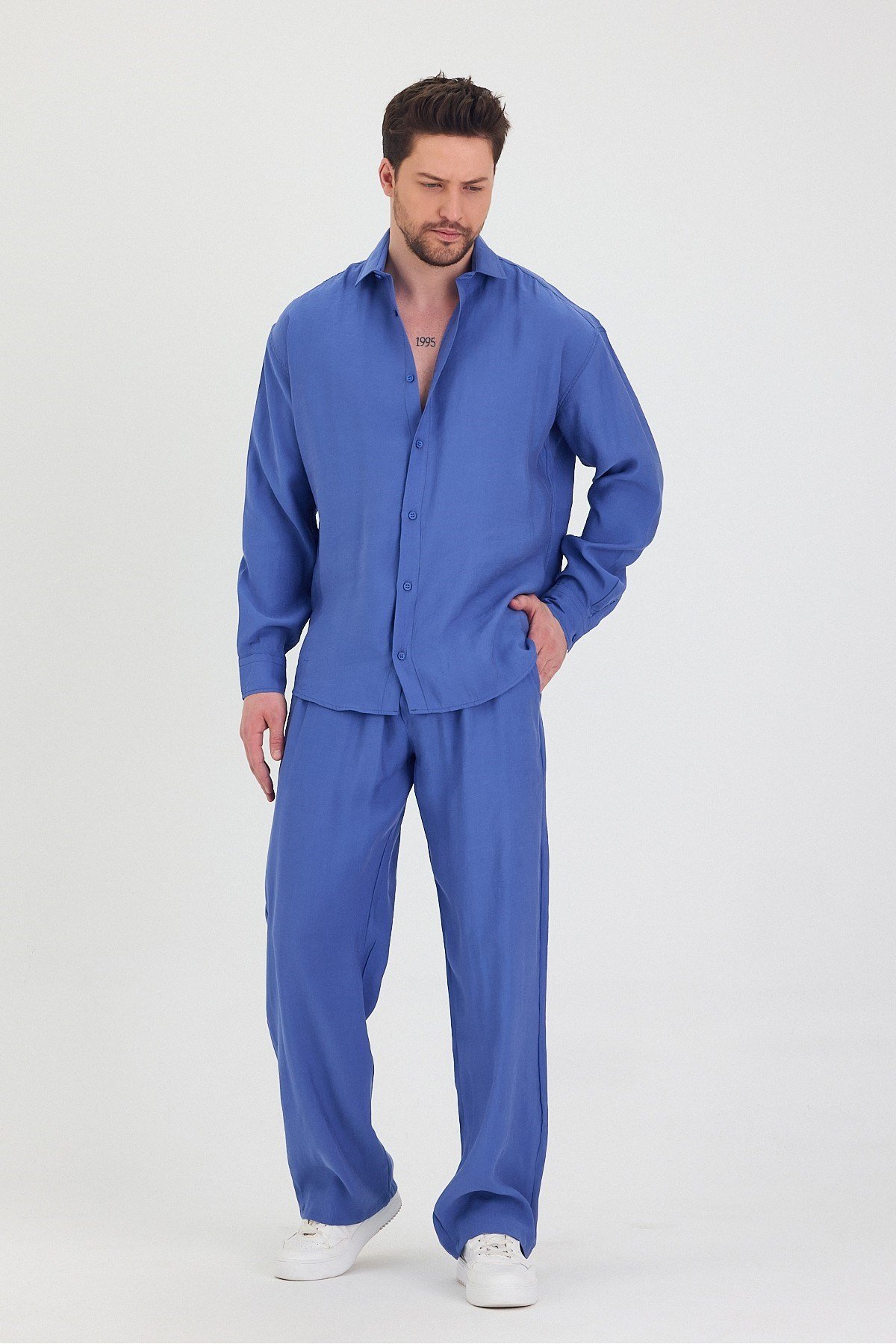 Tarz CoolGömlekTRZtakım1-M3-R212Erkek Oversize Rahat Kalıp Gömlek-Pantolon Alt-Üst Takım