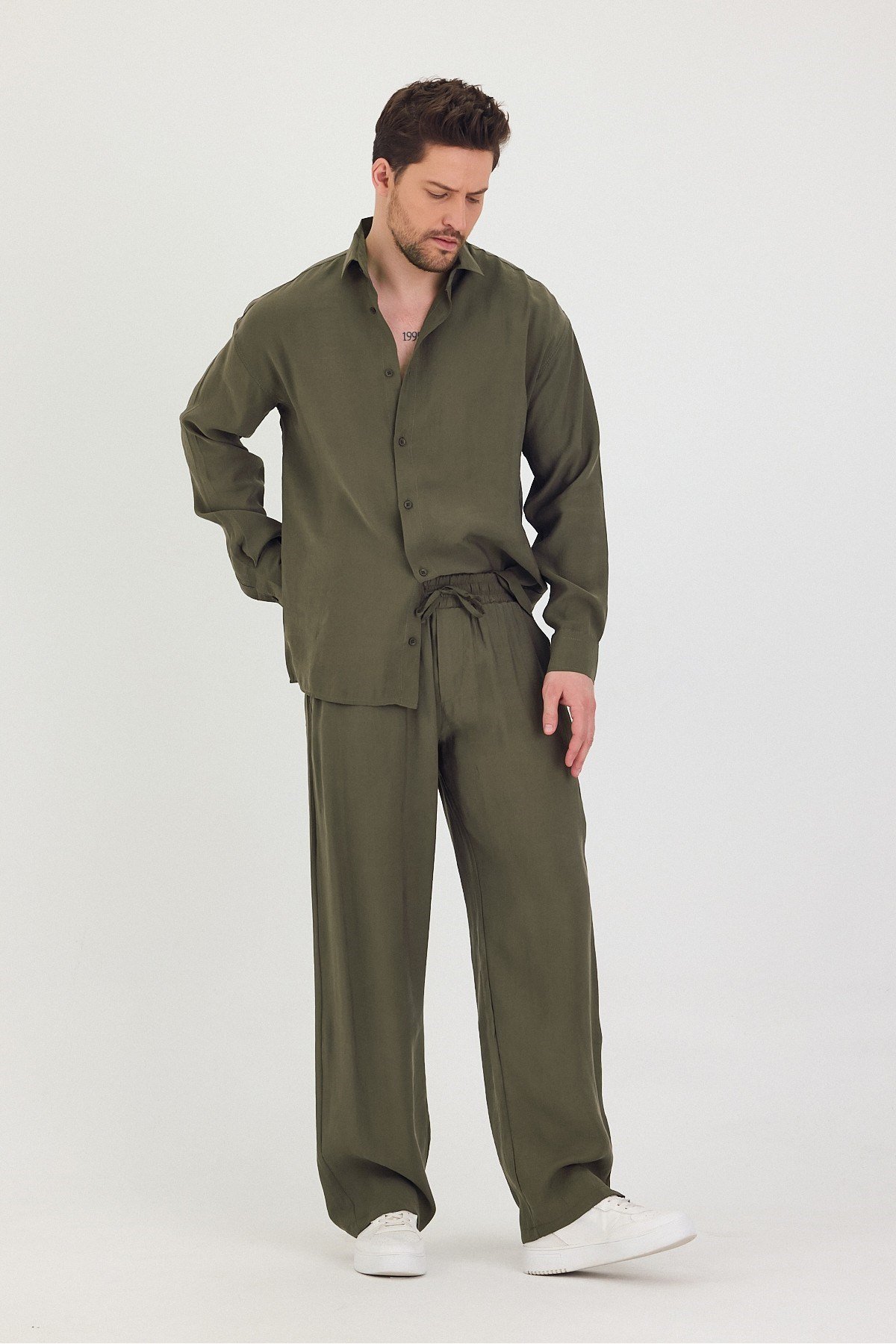 Tarz CoolGömlekTRZtakım1-M3-R212Erkek Oversize Rahat Kalıp Gömlek-Pantolon Alt-Üst Takım