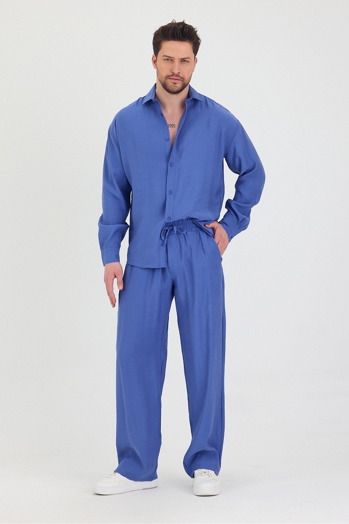 Tarz CoolGömlekTRZtakım1-M3-R212Erkek Oversize Rahat Kalıp Gömlek-Pantolon Alt-Üst Takım