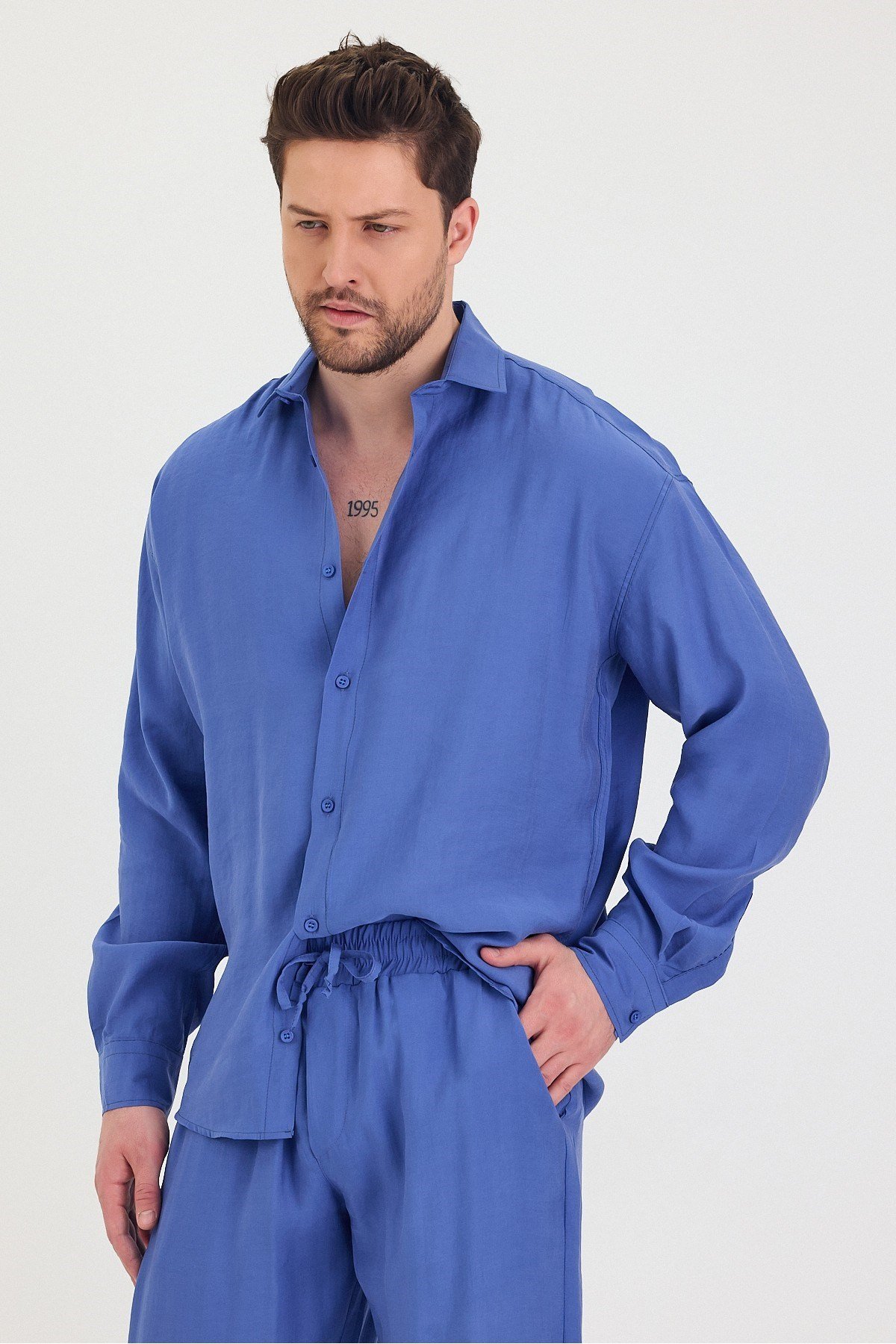 Tarz CoolGömlekTRZtakım1-M3-R212Erkek Oversize Rahat Kalıp Gömlek-Pantolon Alt-Üst Takım
