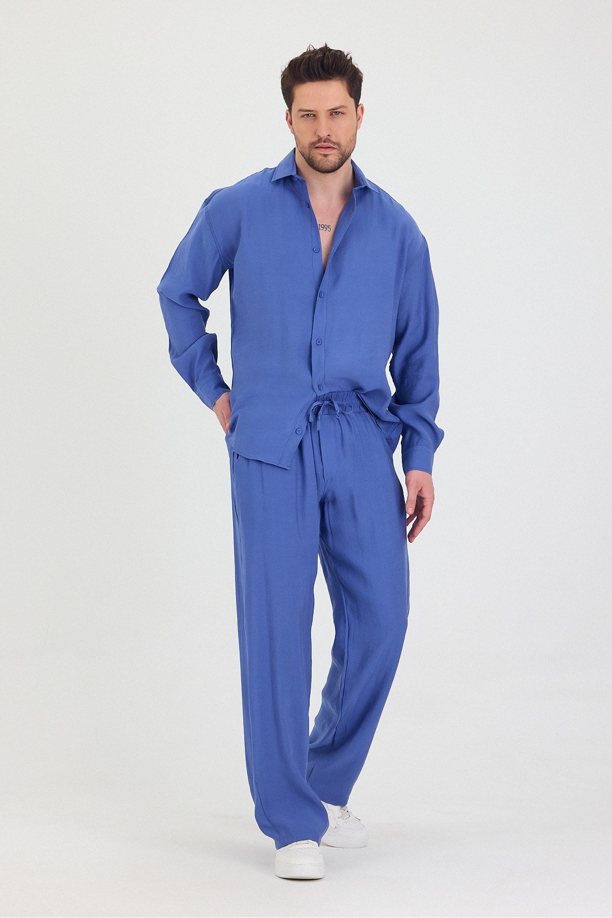 Tarz CoolGömlekTRZtakım1-M3-R212Erkek Oversize Rahat Kalıp Gömlek-Pantolon Alt-Üst Takım