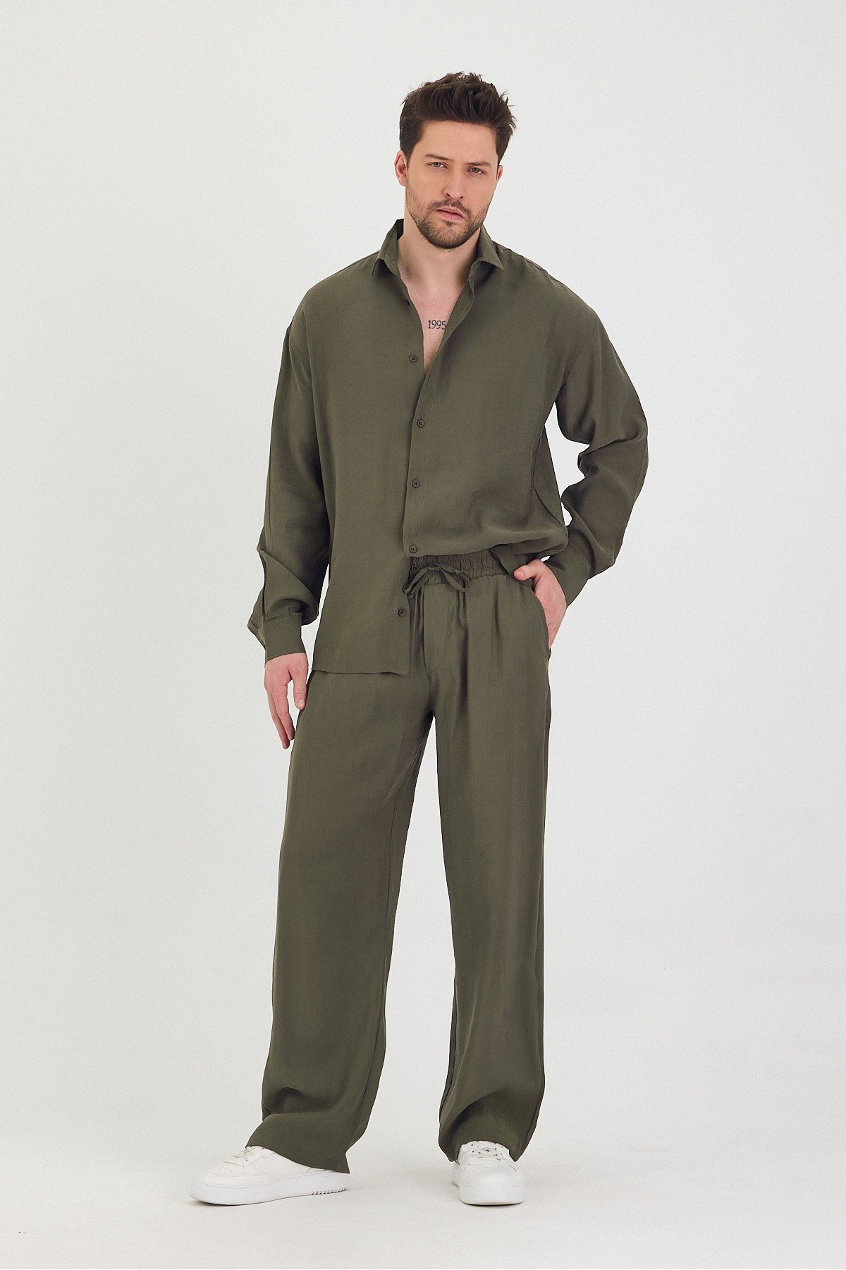 Tarz CoolGömlekTRZtakım1-M3-R212Erkek Oversize Rahat Kalıp Gömlek-Pantolon Alt-Üst Takım
