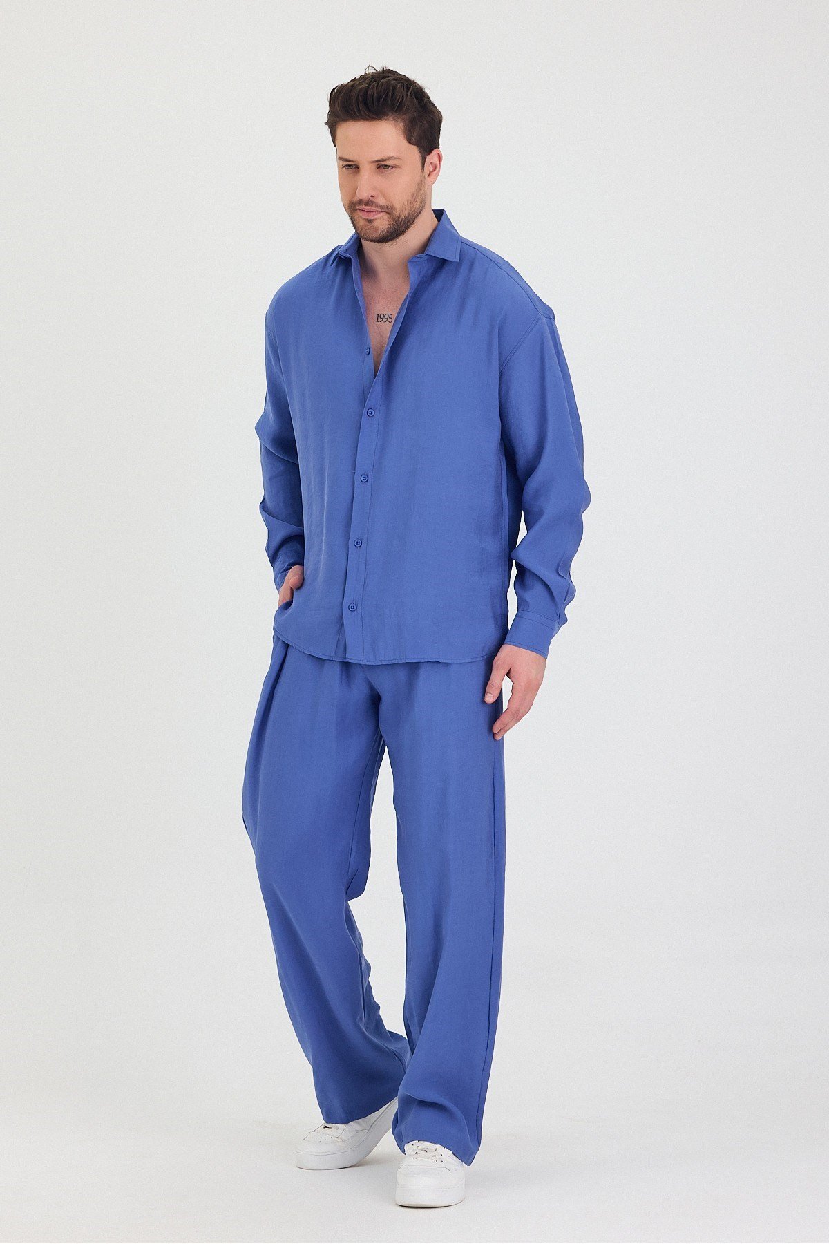 Tarz CoolGömlekTRZtakım1-M3-R212Erkek Oversize Rahat Kalıp Gömlek-Pantolon Alt-Üst Takım