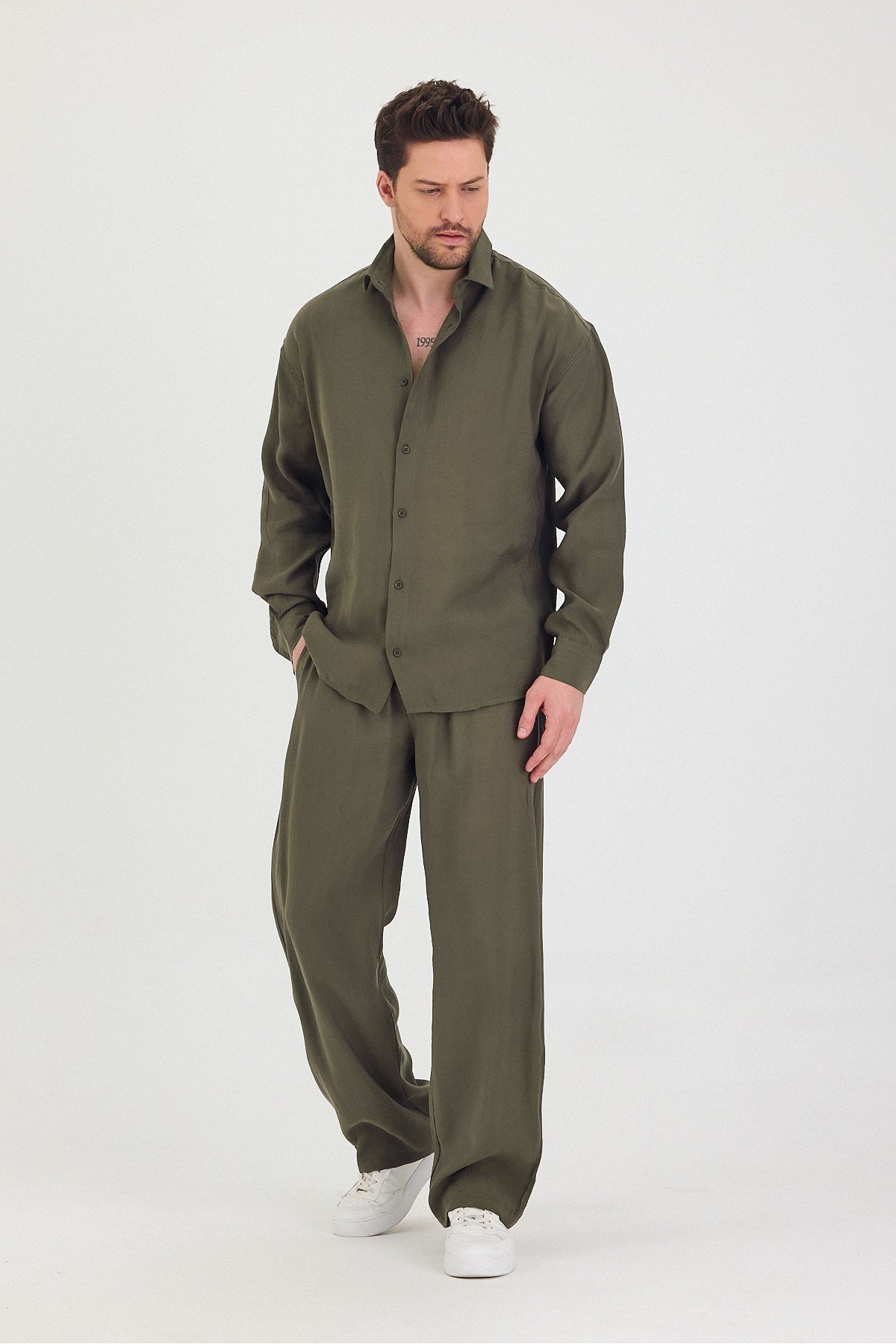 Tarz CoolGömlekTRZtakım1-M3-R212Erkek Oversize Rahat Kalıp Gömlek-Pantolon Alt-Üst Takım