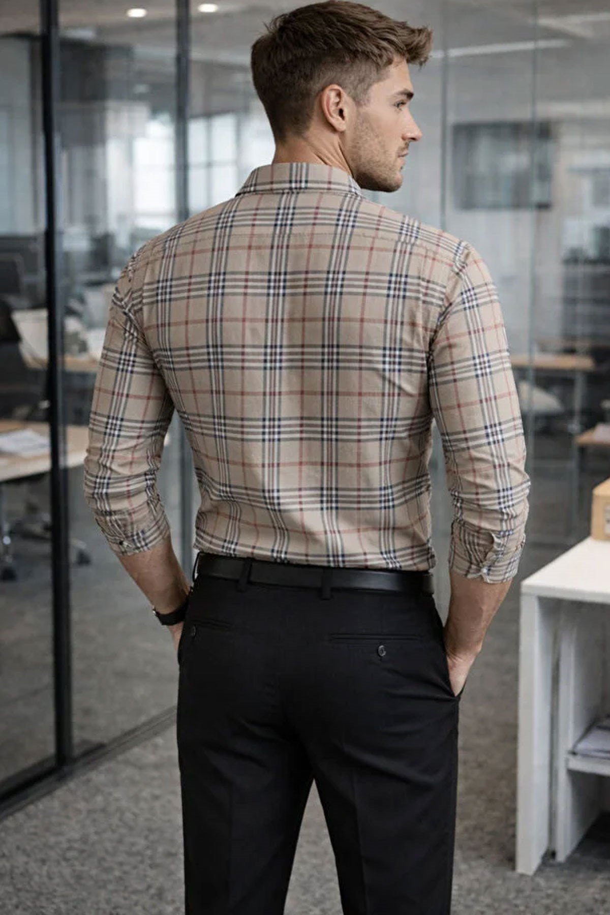 Tarz CoolGömlekYCZGLGMLK026-M7-R21Erkek Ekose Slim Fit Gömlek Uzun Kollu Pamuklu Günlük & Casual Şık Gömlek