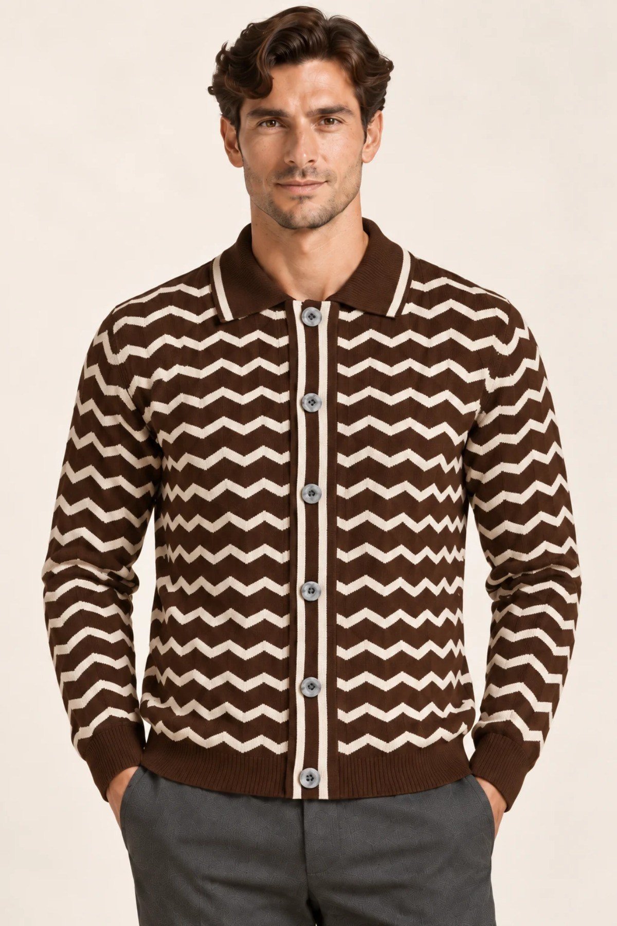 Tarz CoolHırkaHRKZKZK026-Siyah-XLErkek Polo Yaka Zikzak Desenli Düğmeli Triko Hırka Akrilik Karışımlı Slim Fit