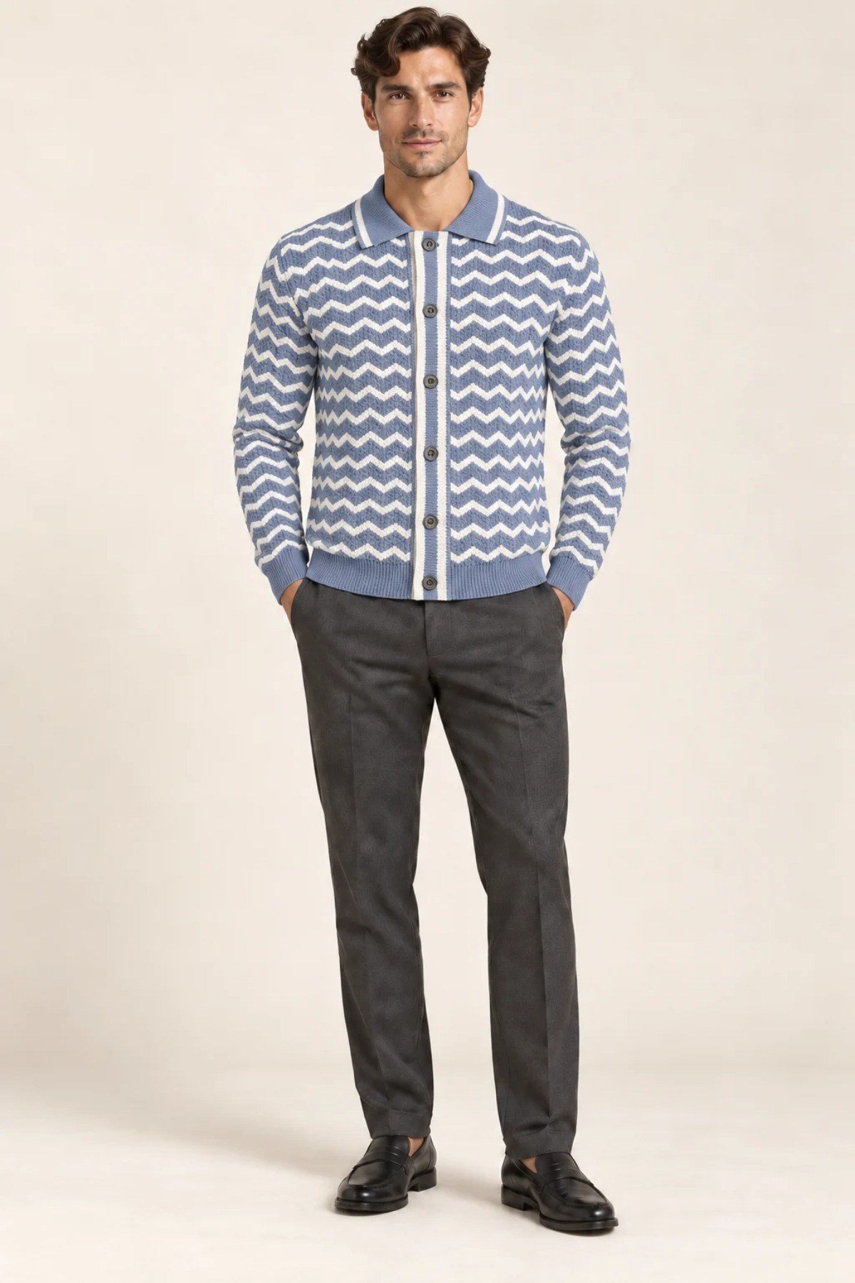 Tarz CoolHırkaHRKZKZK026-Siyah-XLErkek Polo Yaka Zikzak Desenli Düğmeli Triko Hırka Akrilik Karışımlı Slim Fit