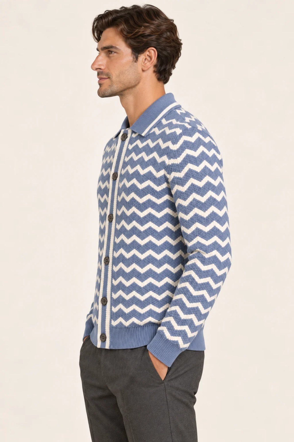 Tarz CoolHırkaHRKZKZK026-Siyah-XLErkek Polo Yaka Zikzak Desenli Düğmeli Triko Hırka Akrilik Karışımlı Slim Fit