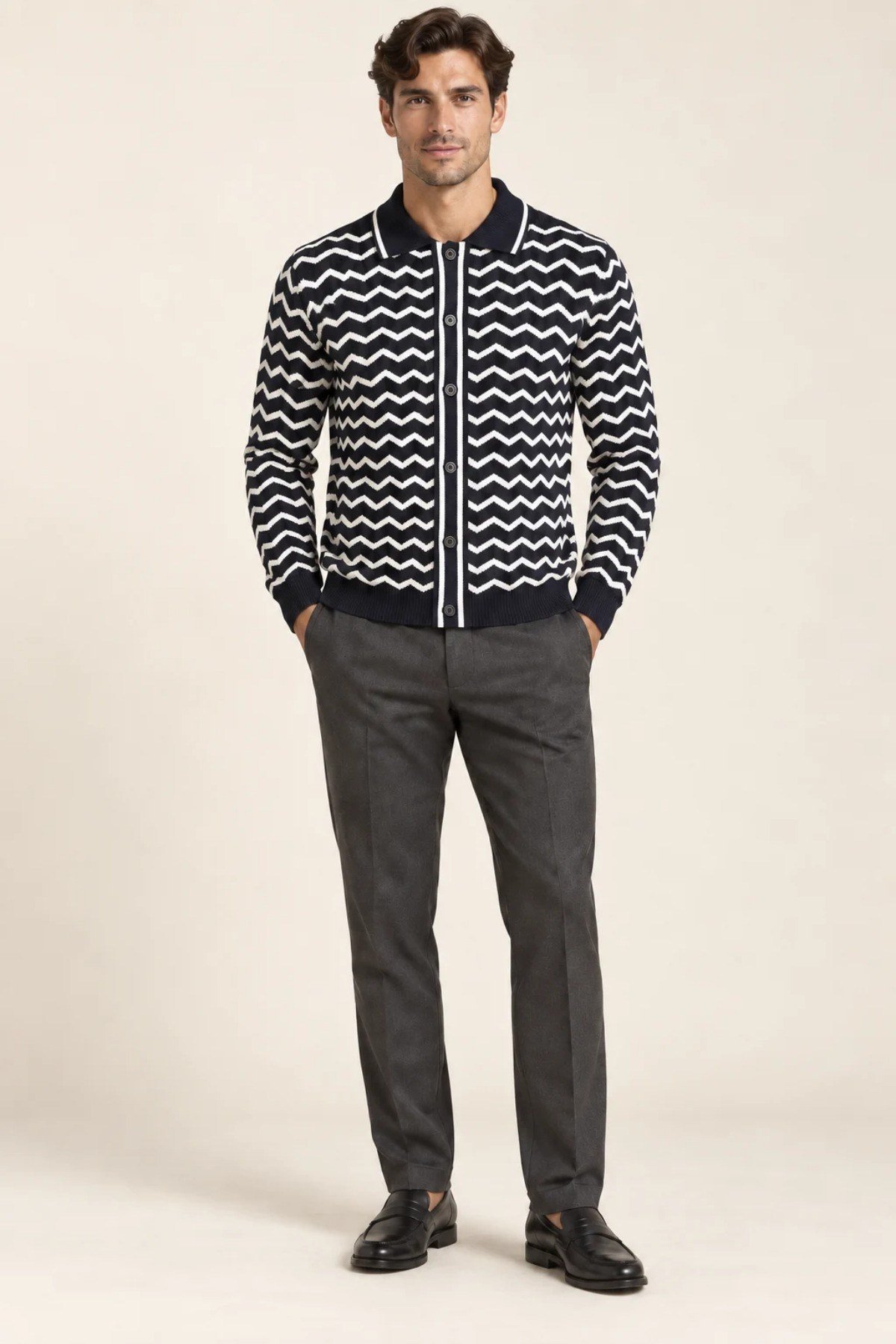 Tarz CoolHırkaHRKZKZK026-Siyah-XLErkek Polo Yaka Zikzak Desenli Düğmeli Triko Hırka Akrilik Karışımlı Slim Fit