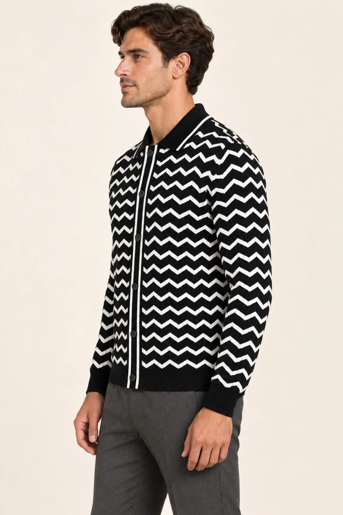 Tarz CoolHırkaHRKZKZK026-Siyah-XLErkek Polo Yaka Zikzak Desenli Düğmeli Triko Hırka Akrilik Karışımlı Slim Fit