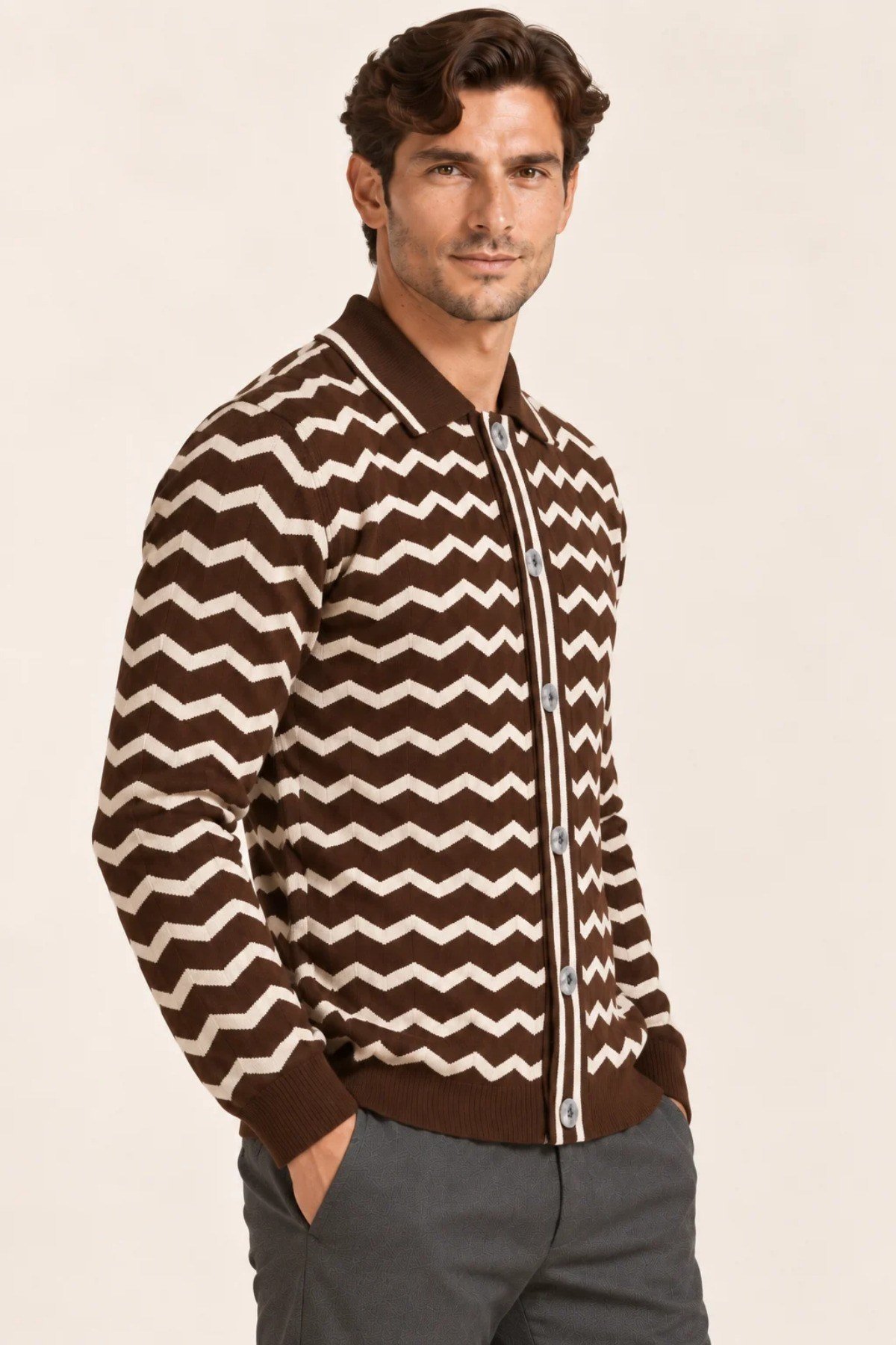 Tarz CoolHırkaHRKZKZK026-Siyah-XLErkek Polo Yaka Zikzak Desenli Düğmeli Triko Hırka Akrilik Karışımlı Slim Fit