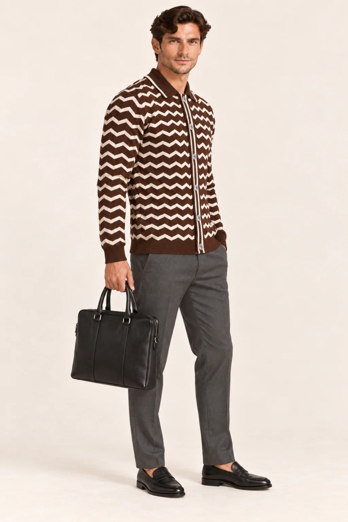 Tarz CoolHırkaHRKZKZK026-Siyah-XLErkek Polo Yaka Zikzak Desenli Düğmeli Triko Hırka Akrilik Karışımlı Slim Fit