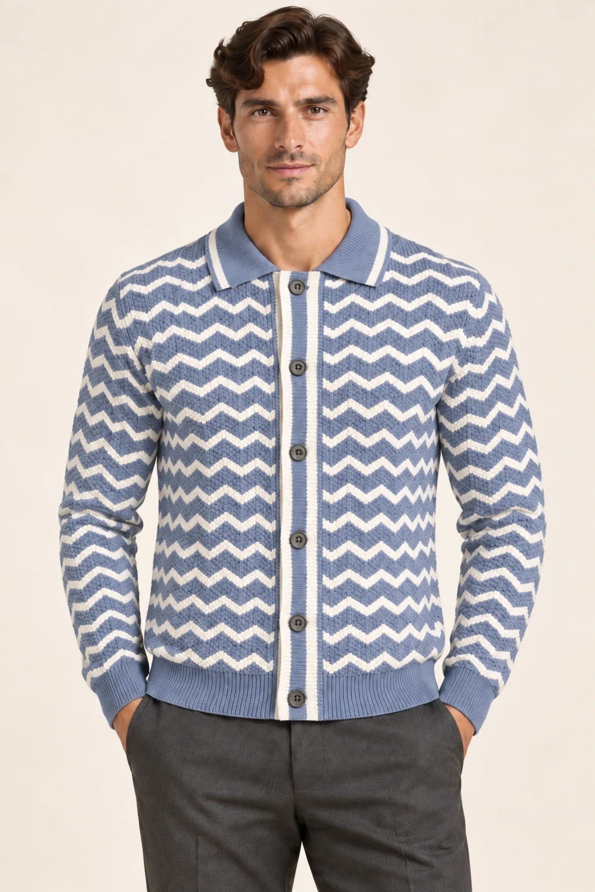 Tarz CoolHırkaHRKZKZK026-Siyah-XLErkek Polo Yaka Zikzak Desenli Düğmeli Triko Hırka Akrilik Karışımlı Slim Fit