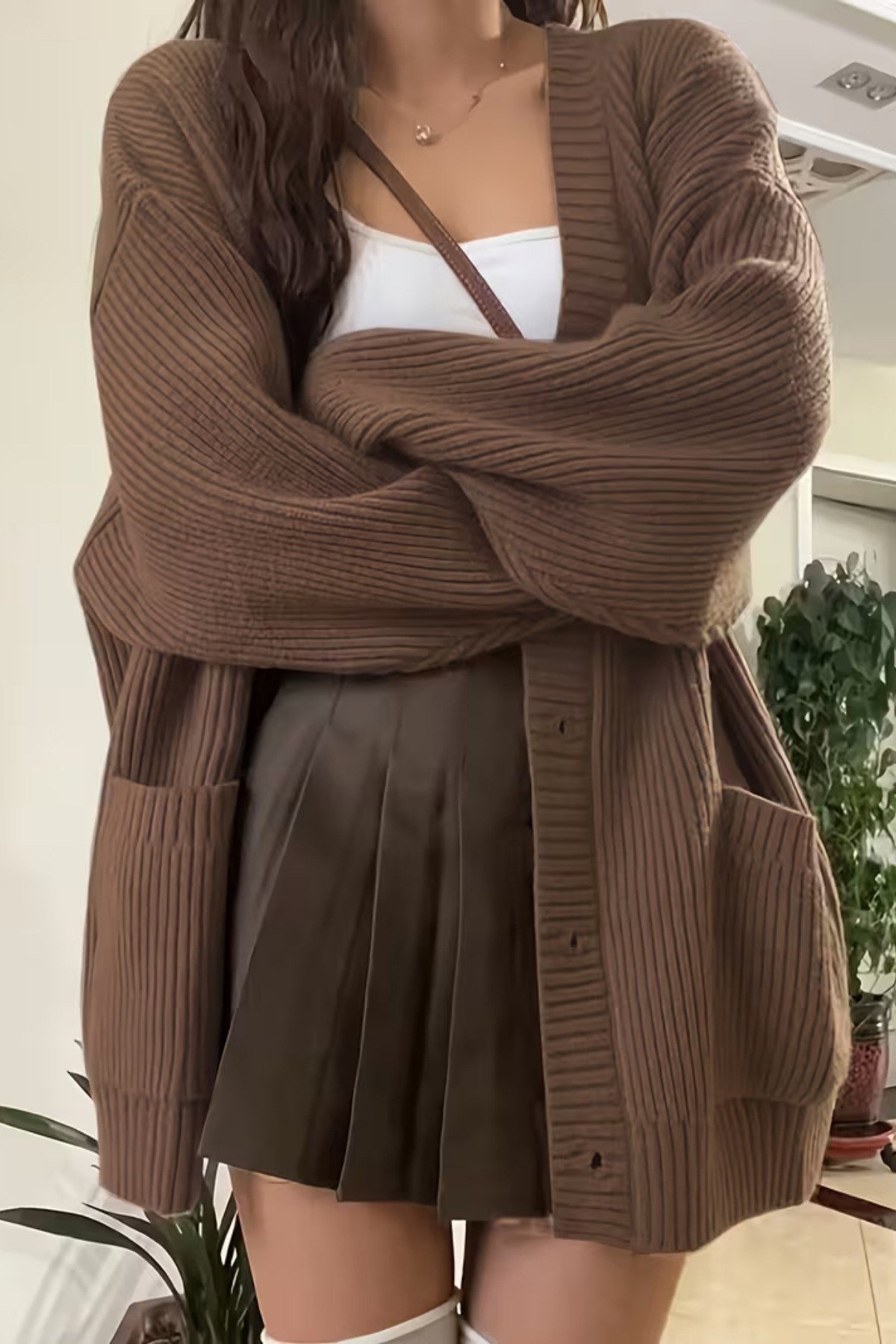 Tarz CoolHırkaKDNHRK001-BRD-L/XLKadın Oversize Cepli Düğmeli V Yaka Triko Hırka