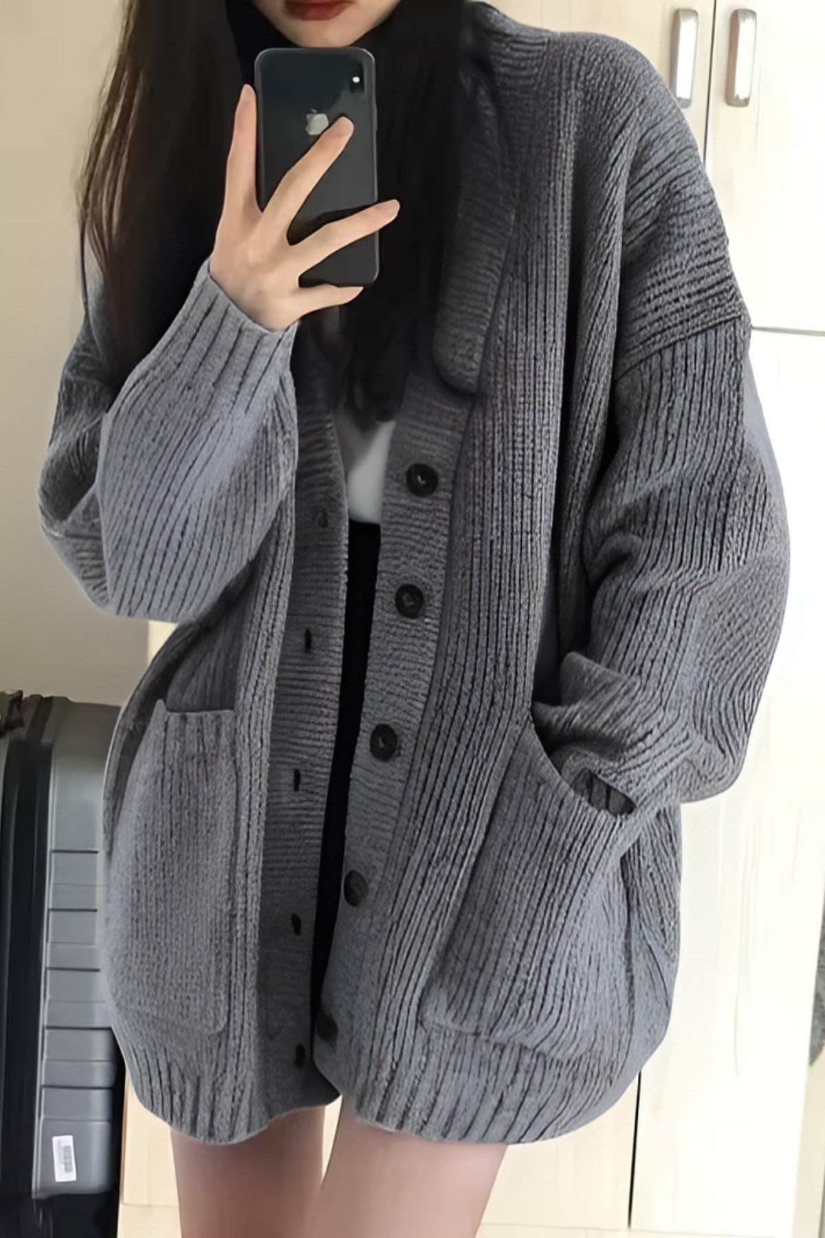 Tarz CoolHırkaKDNHRK001-BRD-L/XLKadın Oversize Cepli Düğmeli V Yaka Triko Hırka