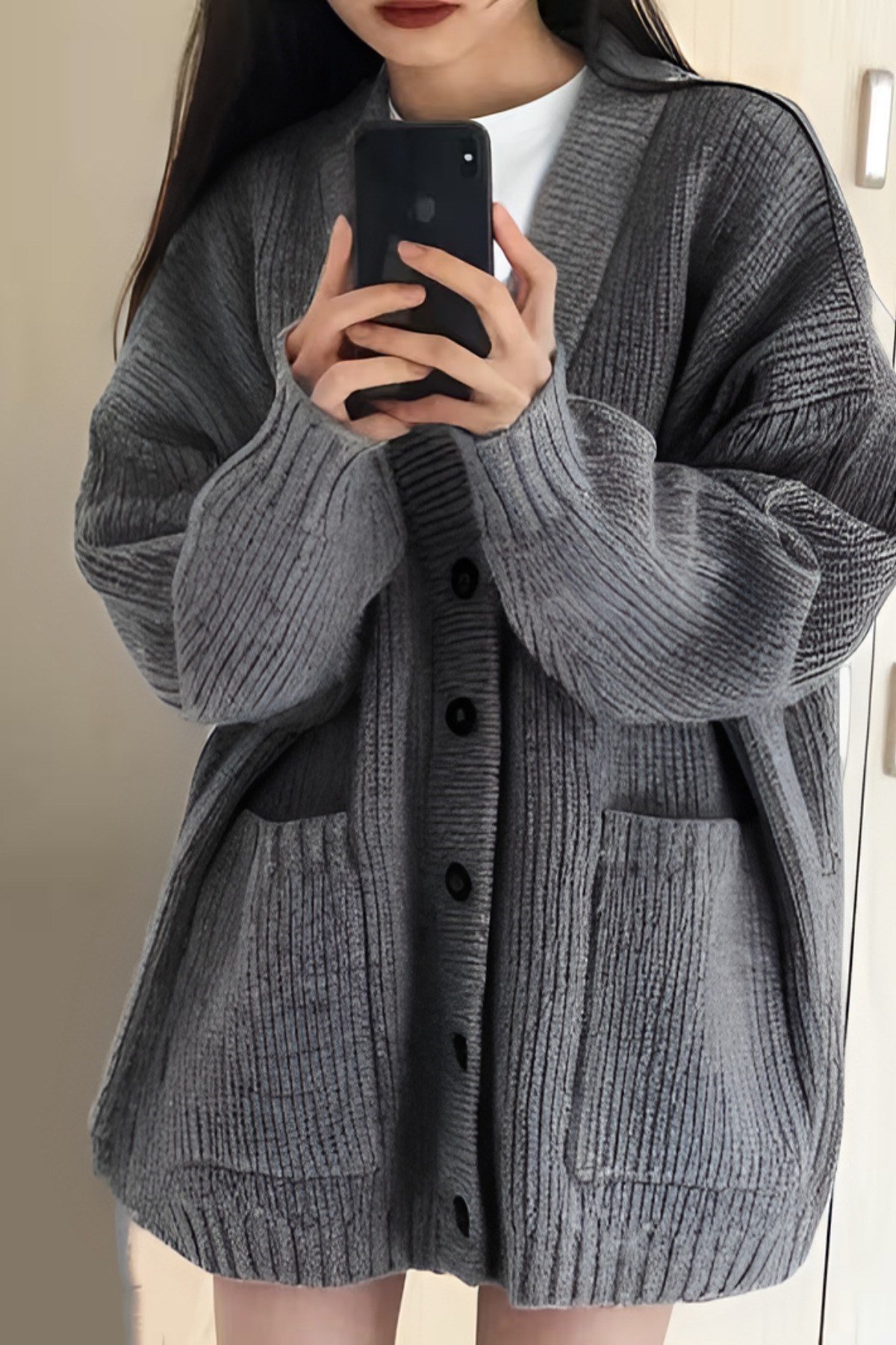 Tarz CoolHırkaKDNHRK001-BRD-L/XLKadın Oversize Cepli Düğmeli V Yaka Triko Hırka
