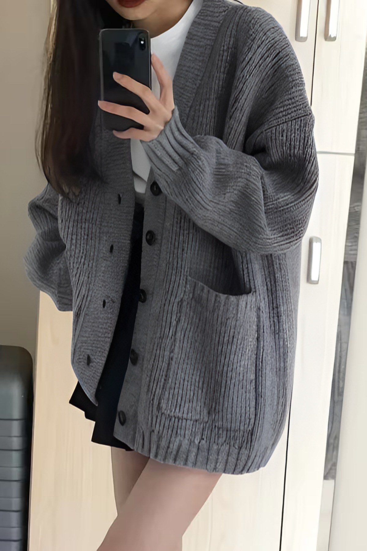 Tarz CoolHırkaKDNHRK001-BRD-L/XLKadın Oversize Cepli Düğmeli V Yaka Triko Hırka