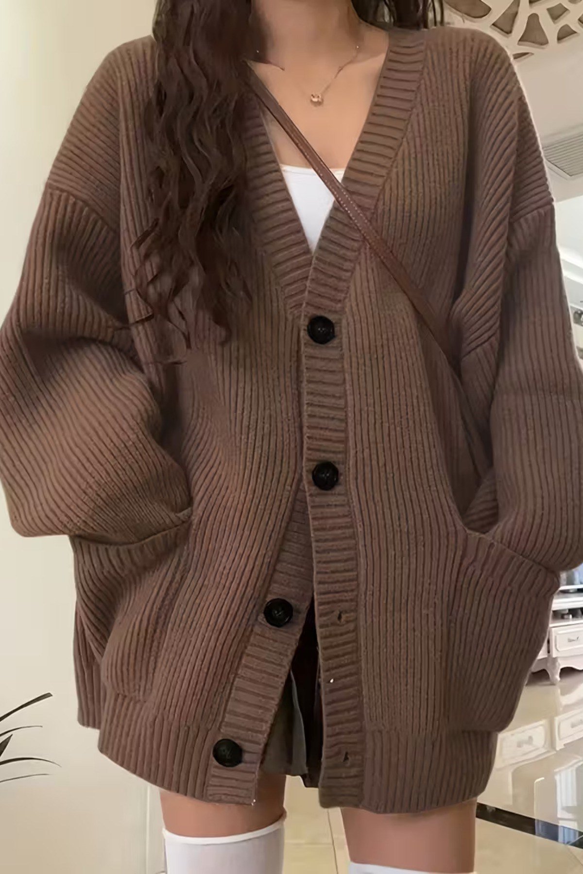 Tarz CoolHırkaKDNHRK001-BRD-L/XLKadın Oversize Cepli Düğmeli V Yaka Triko Hırka