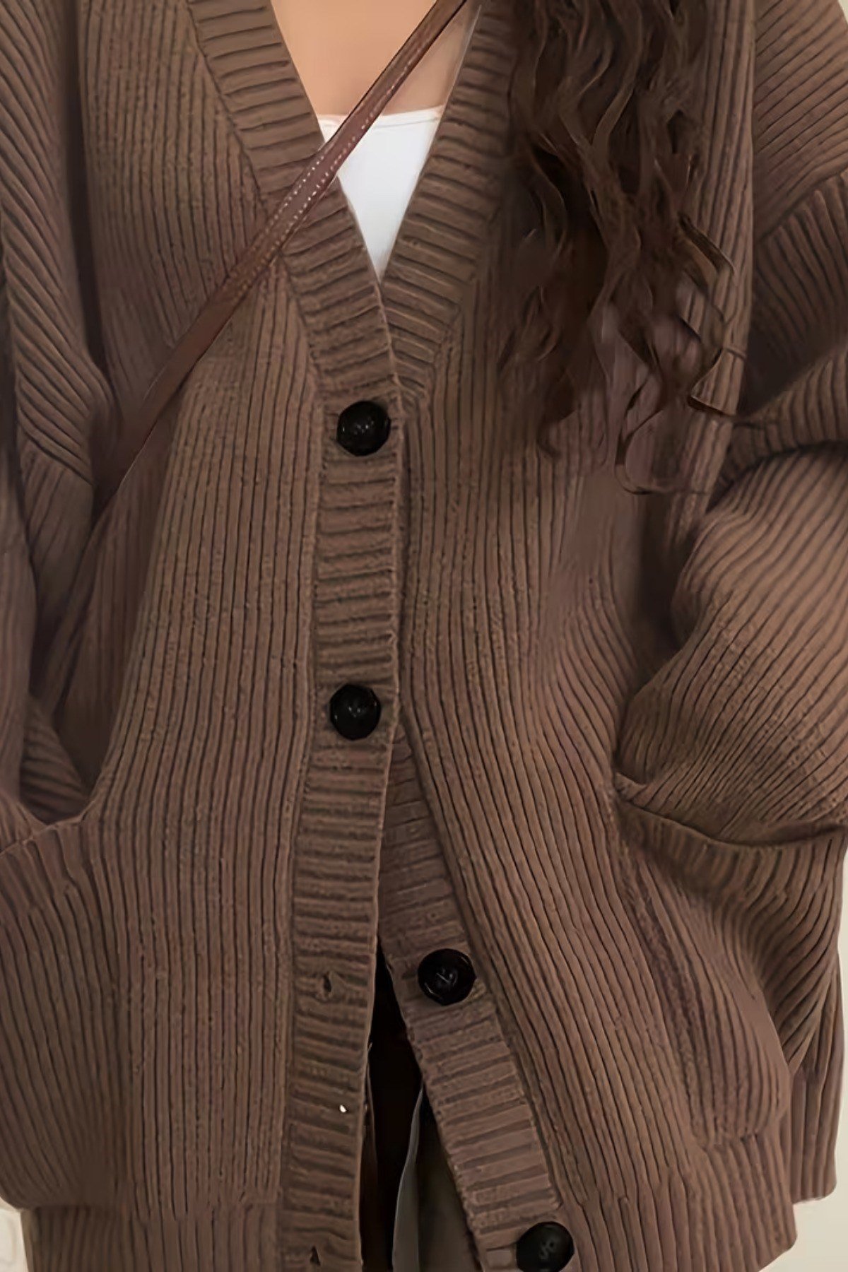 Tarz CoolHırkaKDNHRK001-BRD-L/XLKadın Oversize Cepli Düğmeli V Yaka Triko Hırka