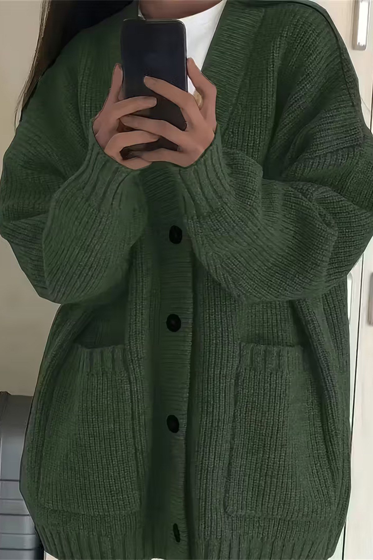 Tarz CoolHırkaKDNHRK001-BRD-L/XLKadın Oversize Cepli Düğmeli V Yaka Triko Hırka