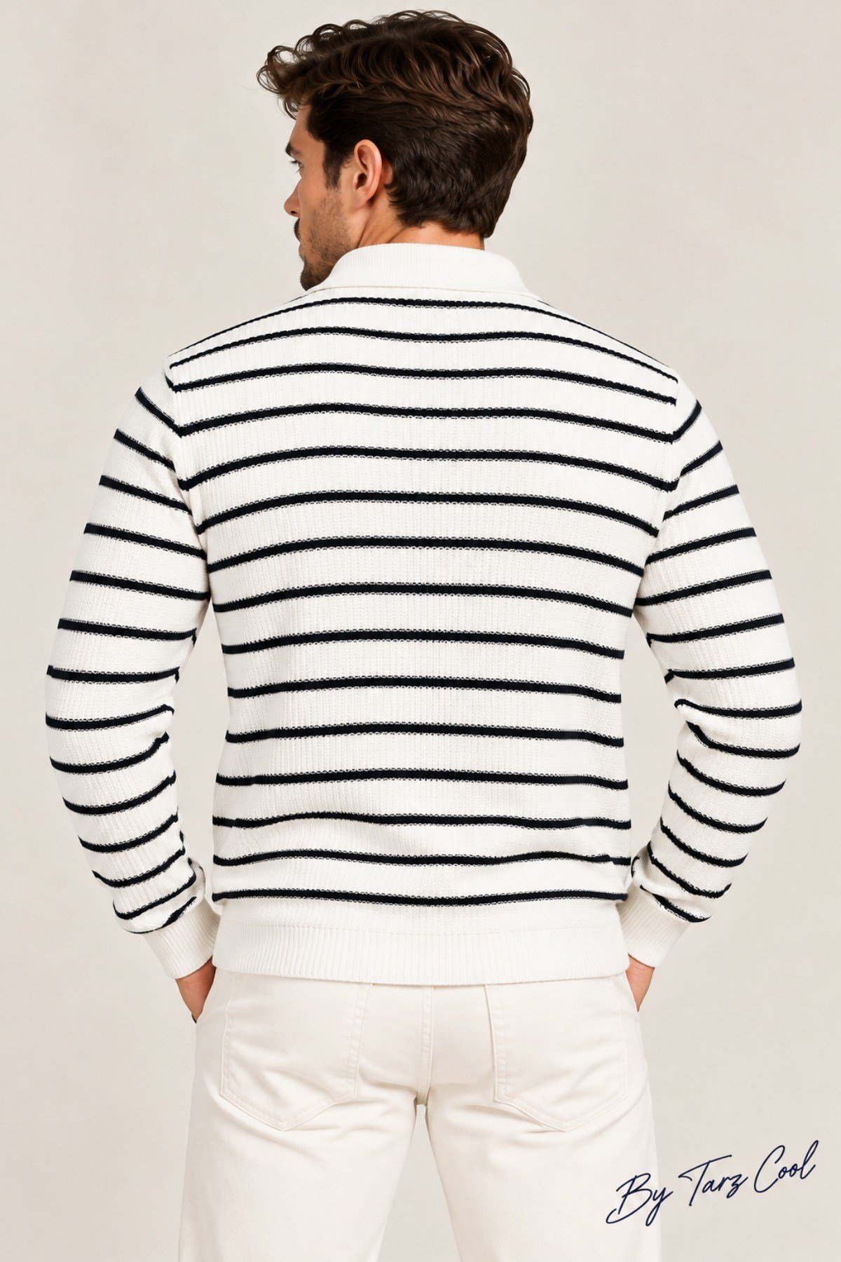 Tarz CoolKazakTRZ-12222-Beyaz-XLErkek Çizgili Polo Yaka Triko Kazak Slim Fit Uzun Kollu Pamuk Akrilik Karışımlı