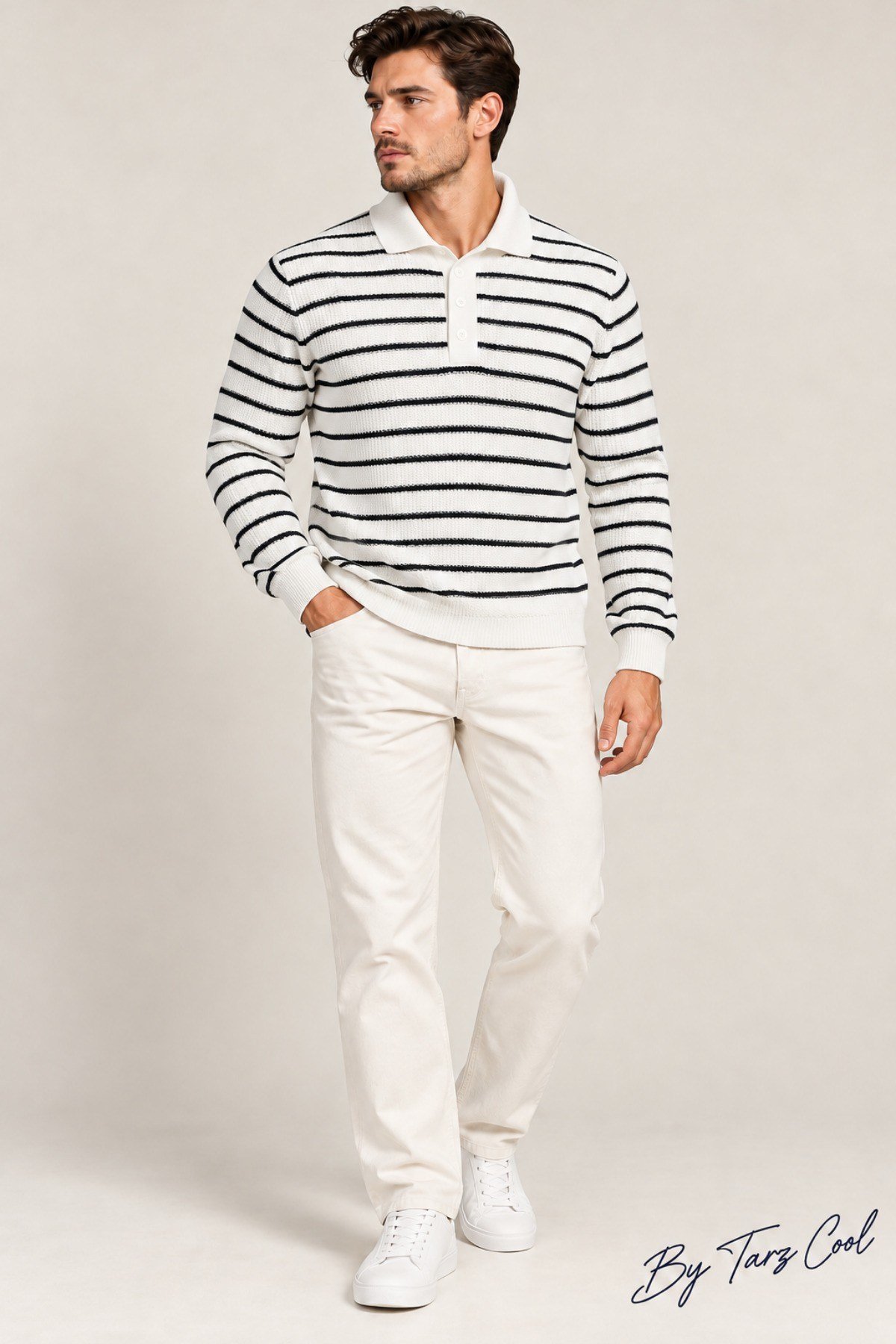 Tarz CoolKazakTRZ-12222-Beyaz-XLErkek Çizgili Polo Yaka Triko Kazak Slim Fit Uzun Kollu Pamuk Akrilik Karışımlı