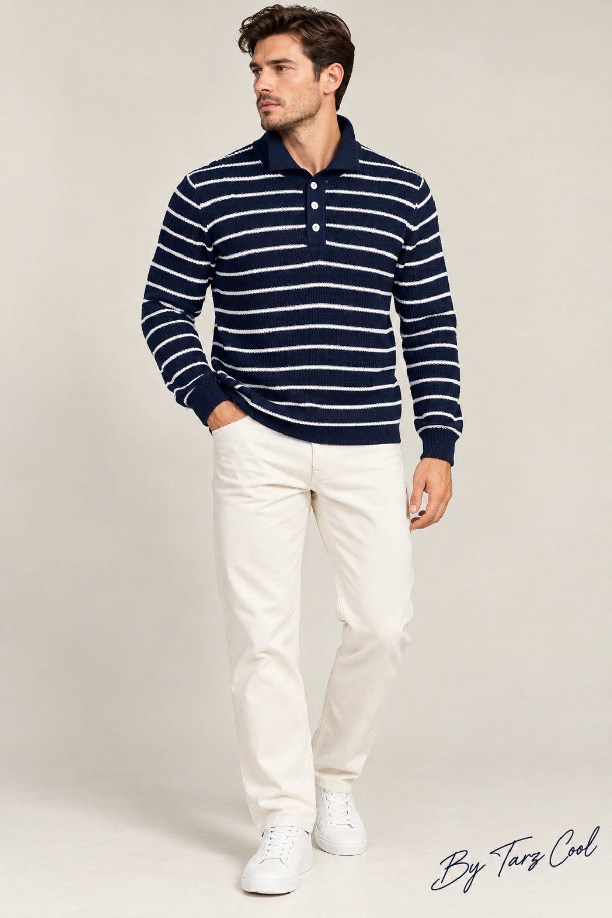 Tarz CoolKazakTRZ-12222-Beyaz-XLErkek Çizgili Polo Yaka Triko Kazak Slim Fit Uzun Kollu Pamuk Akrilik Karışımlı