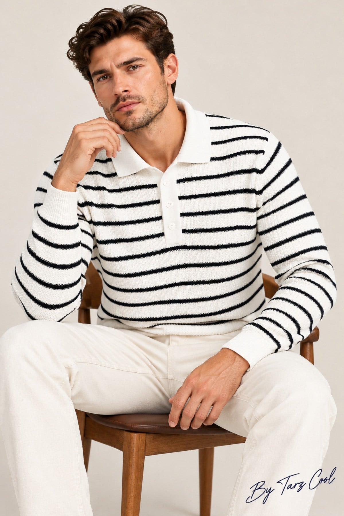 Tarz CoolKazakTRZ-12222-Beyaz-XLErkek Çizgili Polo Yaka Triko Kazak Slim Fit Uzun Kollu Pamuk Akrilik Karışımlı