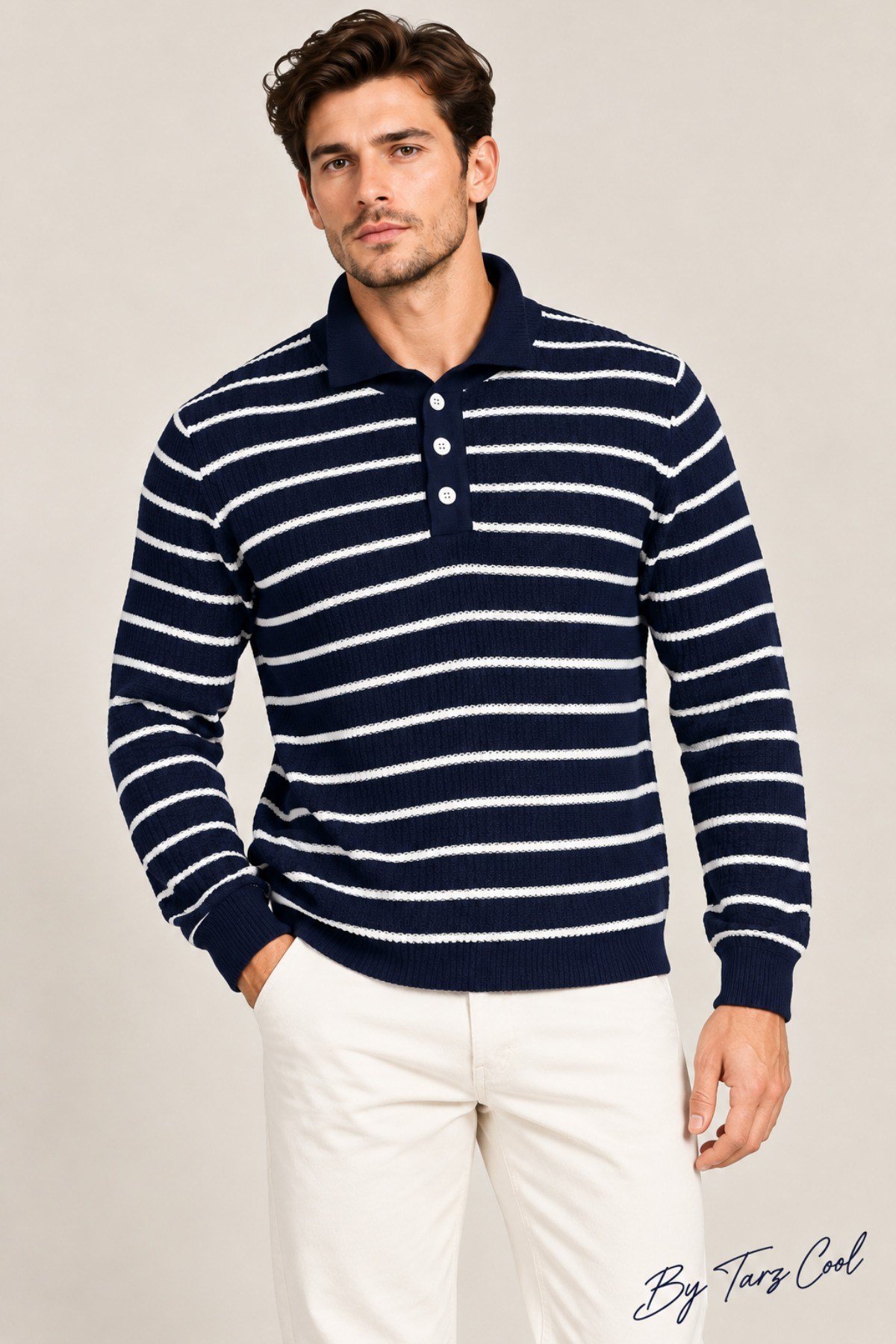 Tarz CoolKazakTRZ-12222-Beyaz-XLErkek Çizgili Polo Yaka Triko Kazak Slim Fit Uzun Kollu Pamuk Akrilik Karışımlı
