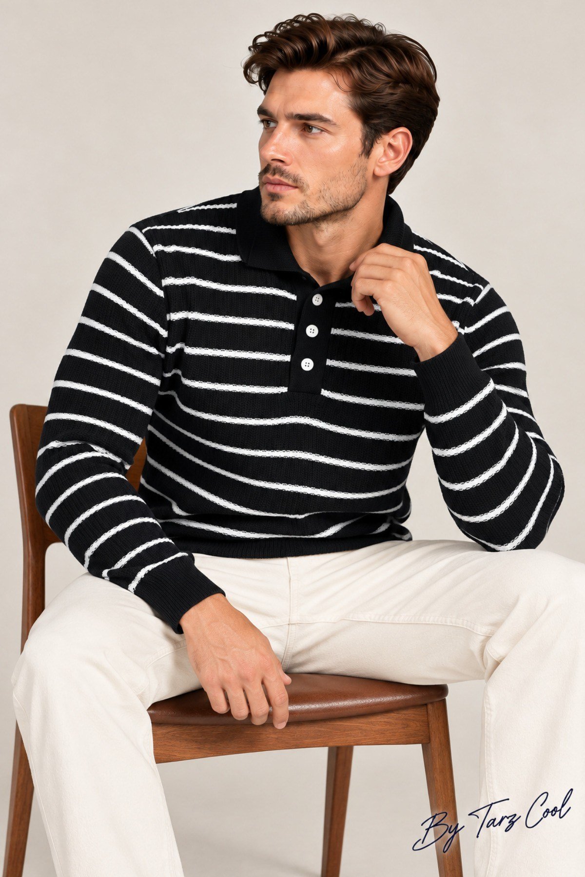 Tarz CoolKazakTRZ-12222-Beyaz-XLErkek Çizgili Polo Yaka Triko Kazak Slim Fit Uzun Kollu Pamuk Akrilik Karışımlı