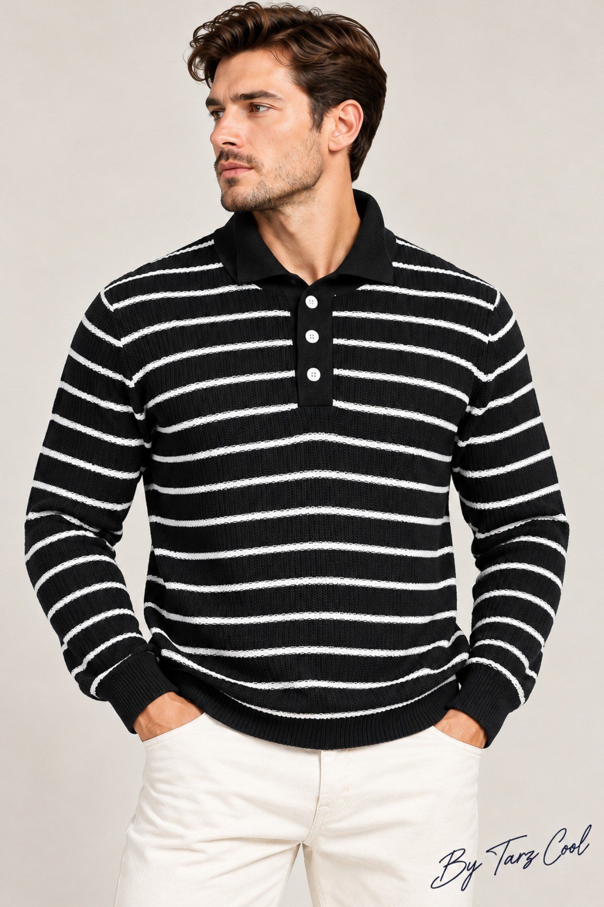 Tarz CoolKazakTRZ-12222-Beyaz-XLErkek Çizgili Polo Yaka Triko Kazak Slim Fit Uzun Kollu Pamuk Akrilik Karışımlı