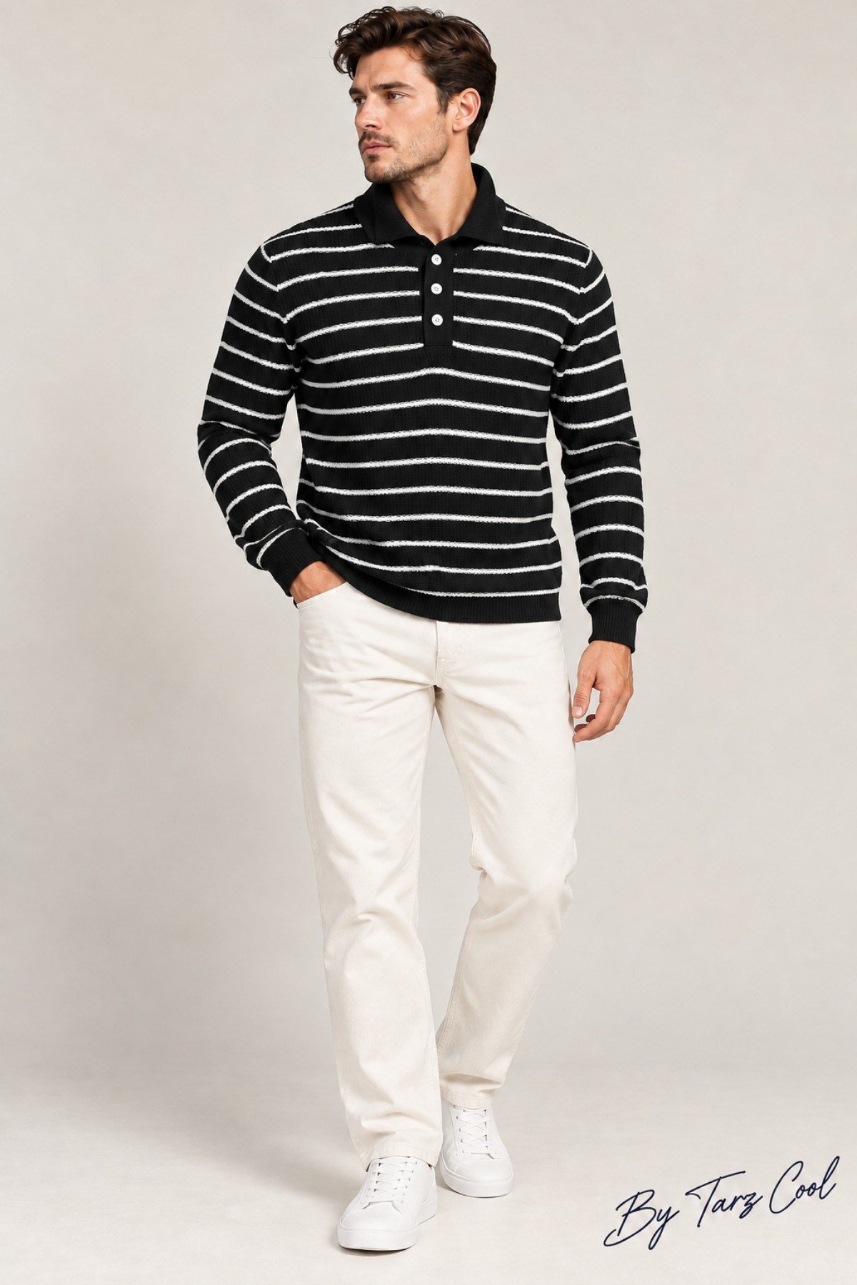 Tarz CoolKazakTRZ-12222-Beyaz-XLErkek Çizgili Polo Yaka Triko Kazak Slim Fit Uzun Kollu Pamuk Akrilik Karışımlı