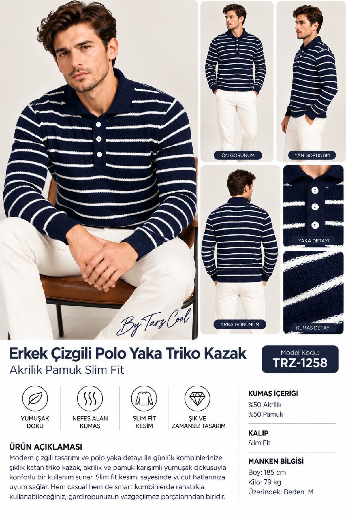 Tarz CoolKazakTRZ-12222-Beyaz-XLErkek Çizgili Polo Yaka Triko Kazak Slim Fit Uzun Kollu Pamuk Akrilik Karışımlı