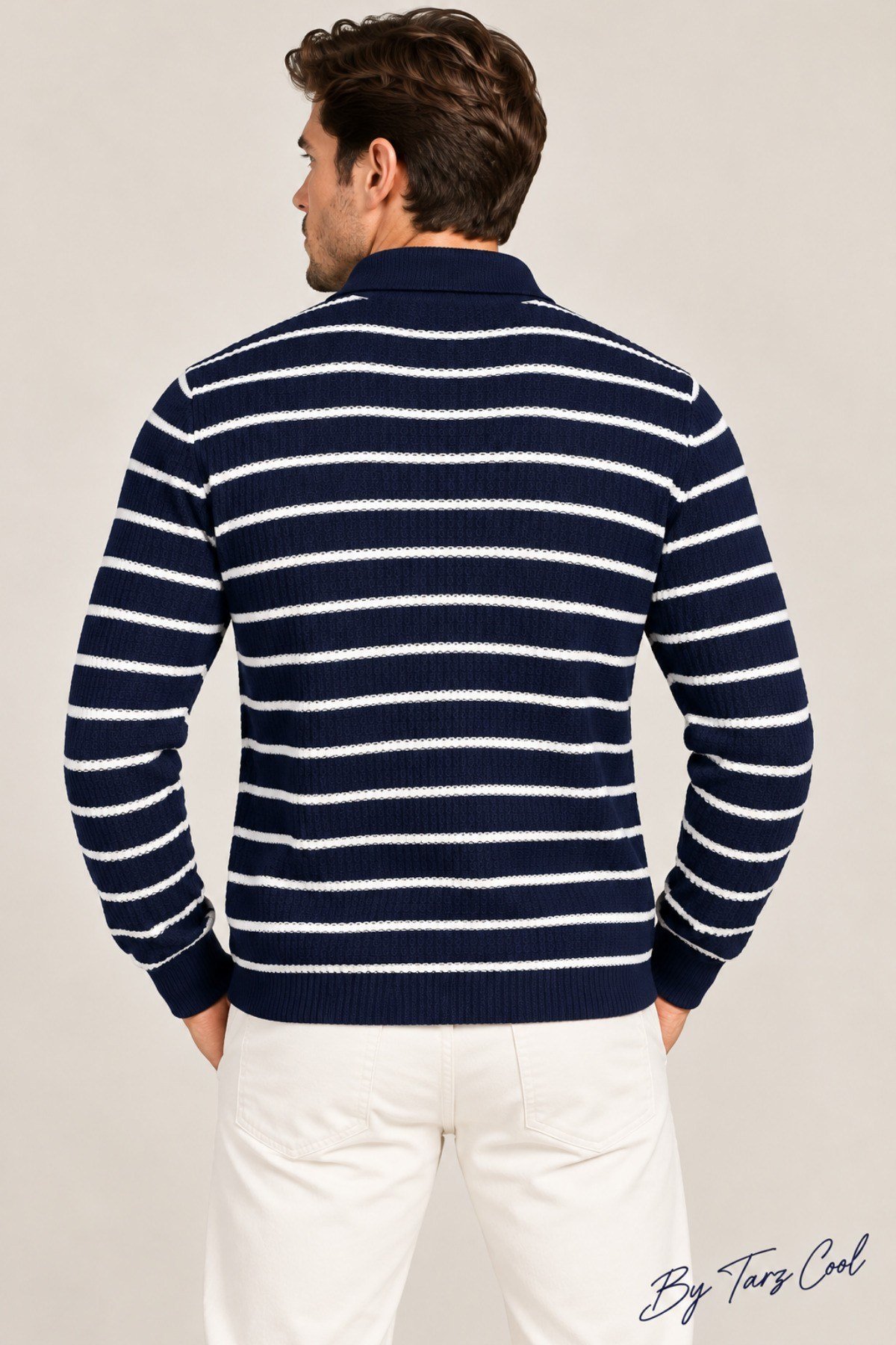 Tarz CoolKazakTRZ-12222-Beyaz-XLErkek Çizgili Polo Yaka Triko Kazak Slim Fit Uzun Kollu Pamuk Akrilik Karışımlı