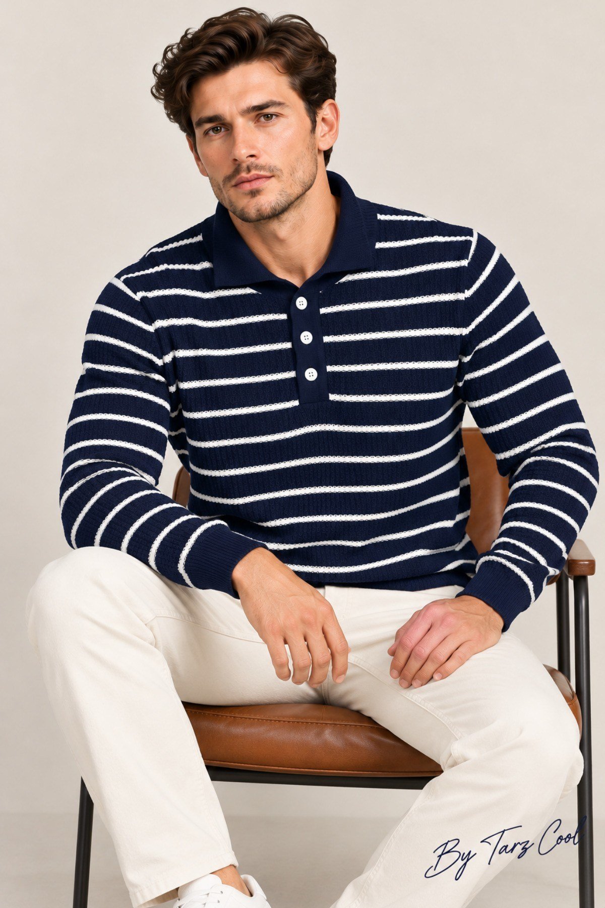 Tarz CoolKazakTRZ-12222-Beyaz-XLErkek Çizgili Polo Yaka Triko Kazak Slim Fit Uzun Kollu Pamuk Akrilik Karışımlı