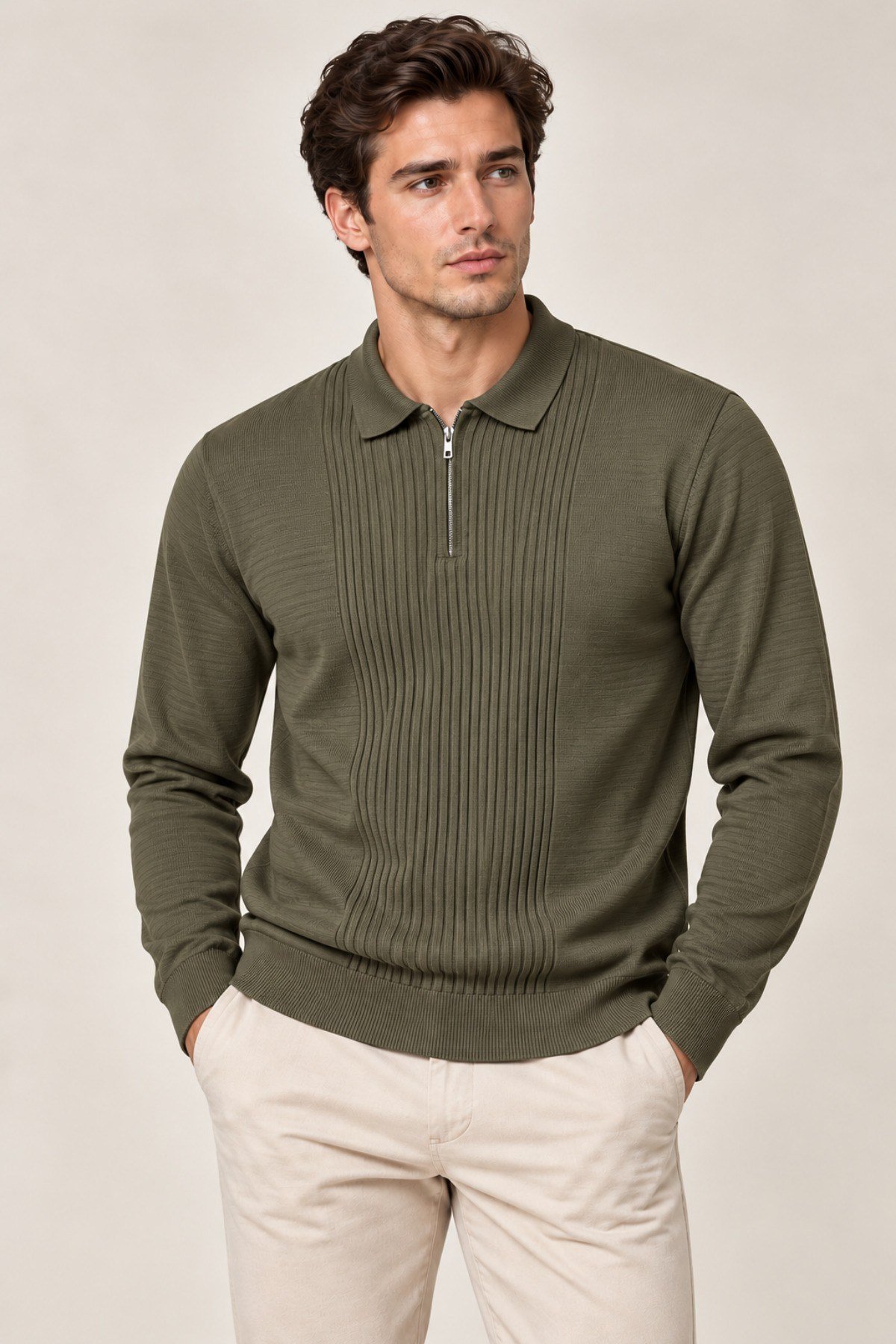 Tarz CoolKazakTRZ-2701-Lacivert-LErkek Polo Yaka Yarım Fermuarlı Önü Fitilli Slim Fit Akrilik Pamuk Triko Kazak
