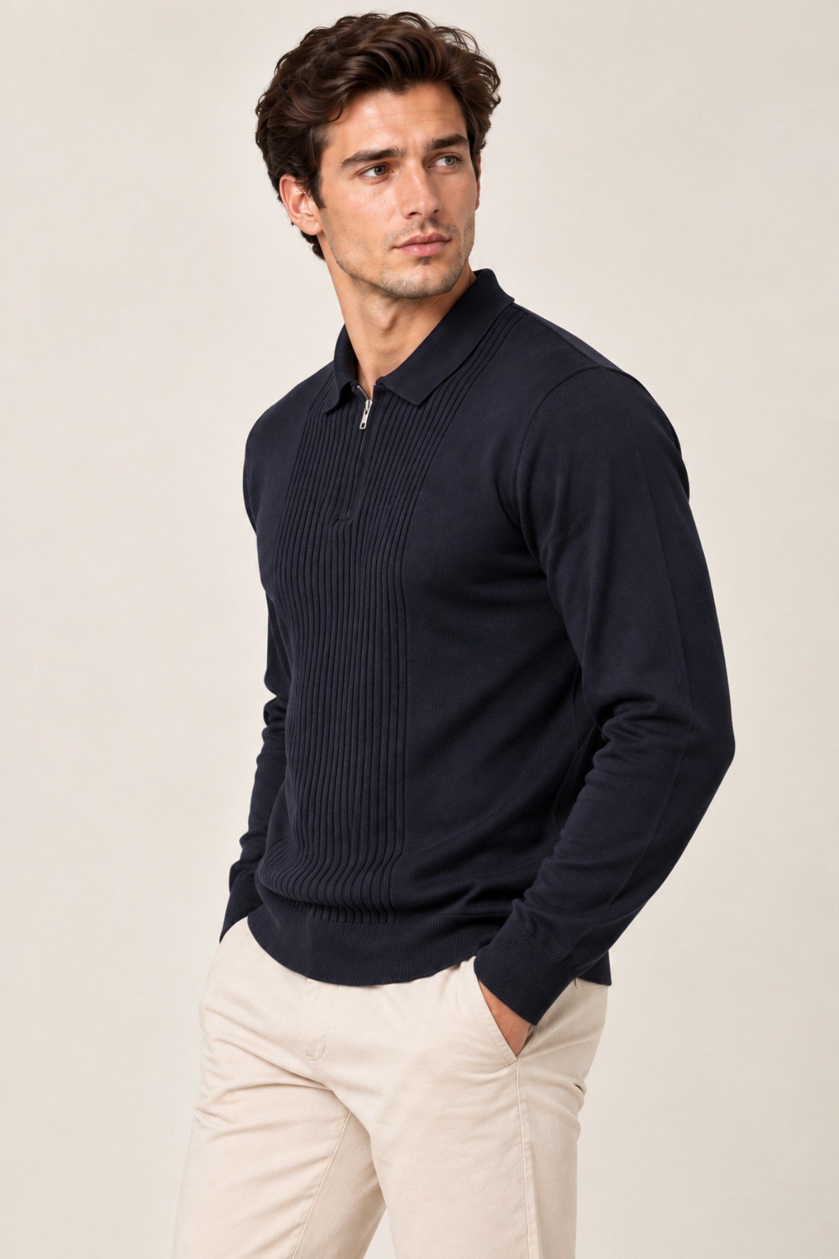 Tarz CoolKazakTRZ-2701-Lacivert-LErkek Polo Yaka Yarım Fermuarlı Önü Fitilli Slim Fit Akrilik Pamuk Triko Kazak