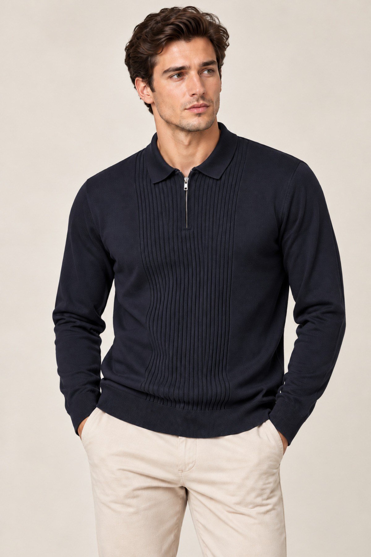 Tarz CoolKazakTRZ-2701-Lacivert-LErkek Polo Yaka Yarım Fermuarlı Önü Fitilli Slim Fit Akrilik Pamuk Triko Kazak