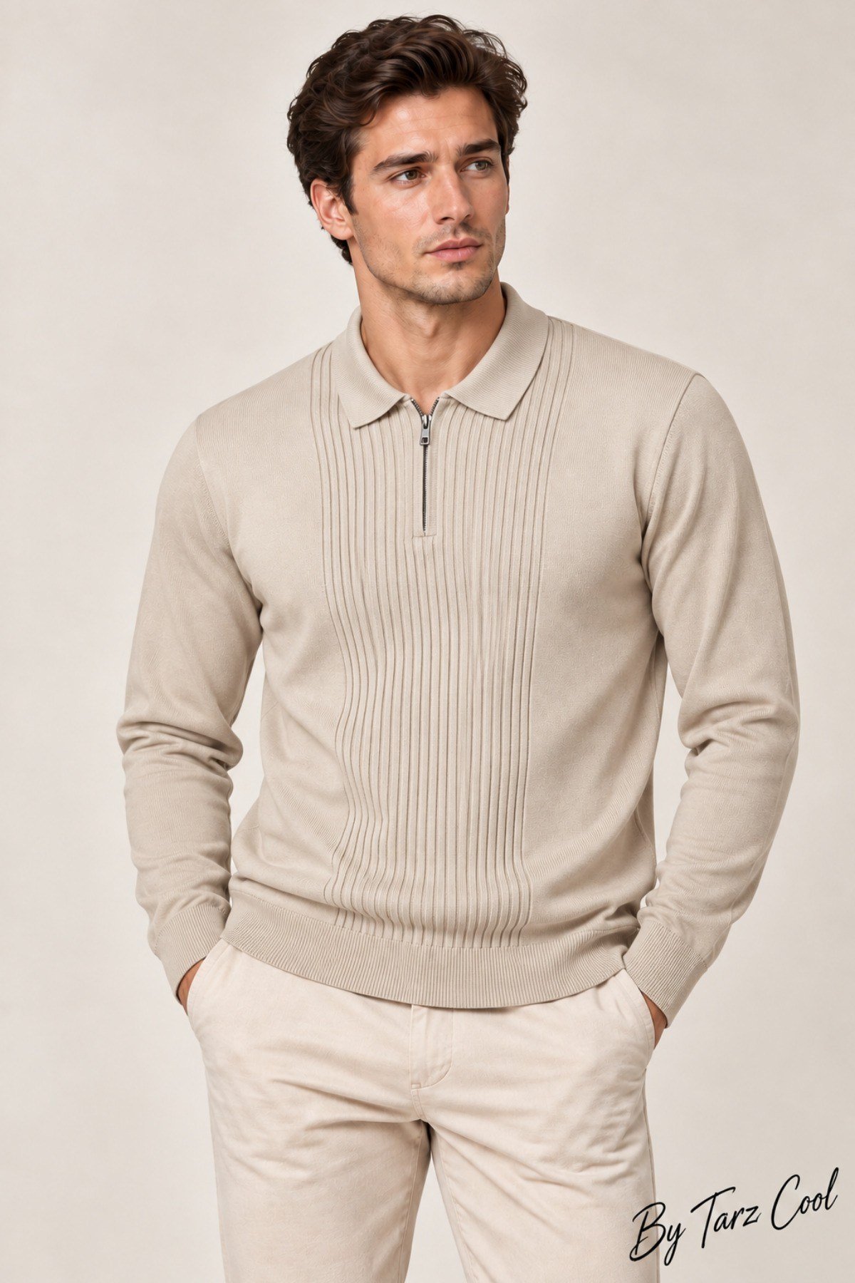 Tarz CoolKazakTRZ-2701-Lacivert-LErkek Polo Yaka Yarım Fermuarlı Önü Fitilli Slim Fit Akrilik Pamuk Triko Kazak