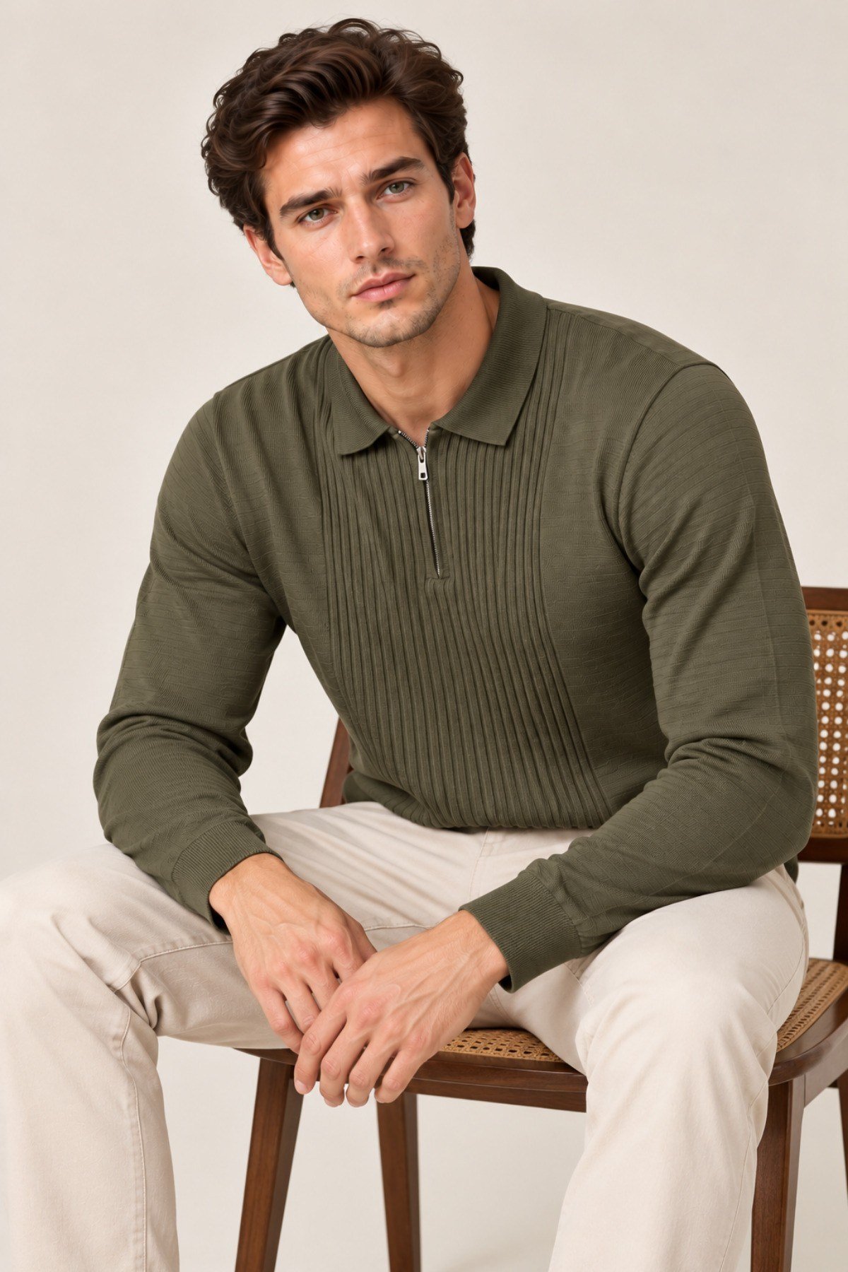 Tarz CoolKazakTRZ-2701-Lacivert-LErkek Polo Yaka Yarım Fermuarlı Önü Fitilli Slim Fit Akrilik Pamuk Triko Kazak