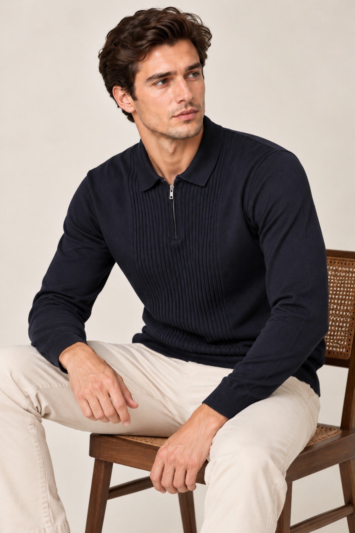 Tarz CoolKazakTRZ-2701-Lacivert-LErkek Polo Yaka Yarım Fermuarlı Önü Fitilli Slim Fit Akrilik Pamuk Triko Kazak